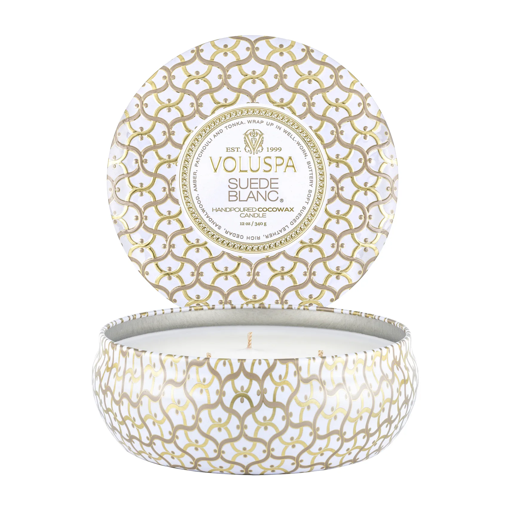 Bougie parfumée Maison Blanc 3-wick Tin 40 heures, Suede Blanc Voluspa
