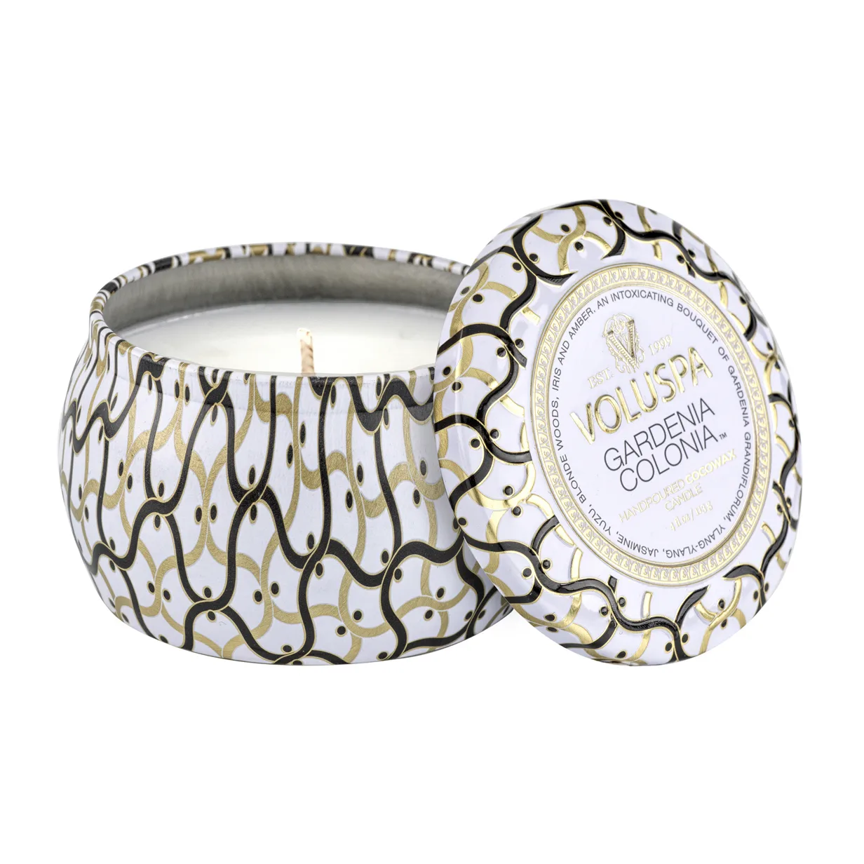 Bougie parfumée Maison Blanc Mini Tin 25 heures, Gardenia Colonia Voluspa