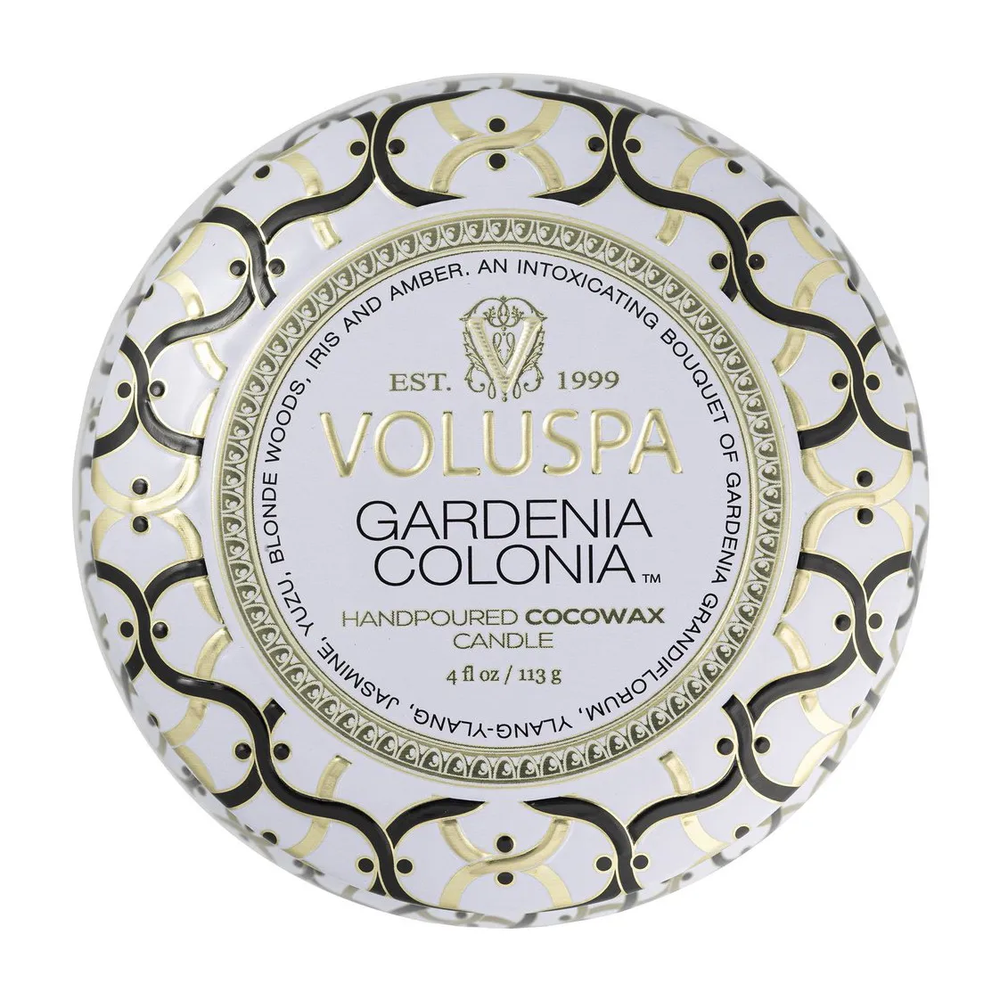 Bougie parfumée Maison Blanc Mini Tin 25 heures, Gardenia Colonia Voluspa