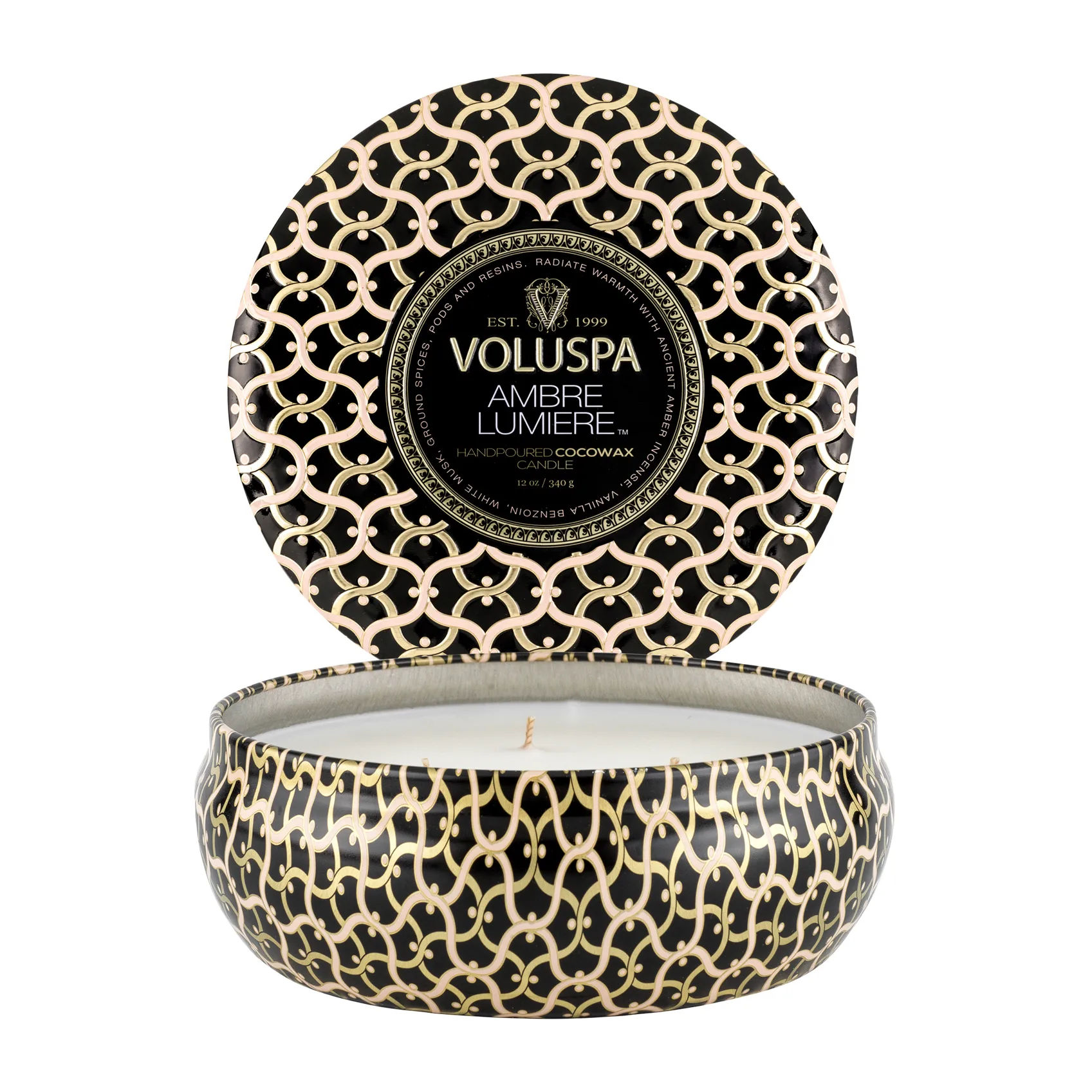 Bougie parfumée Maison Noir 3-wick Tin 40 heures, Ambre Lumiere Voluspa