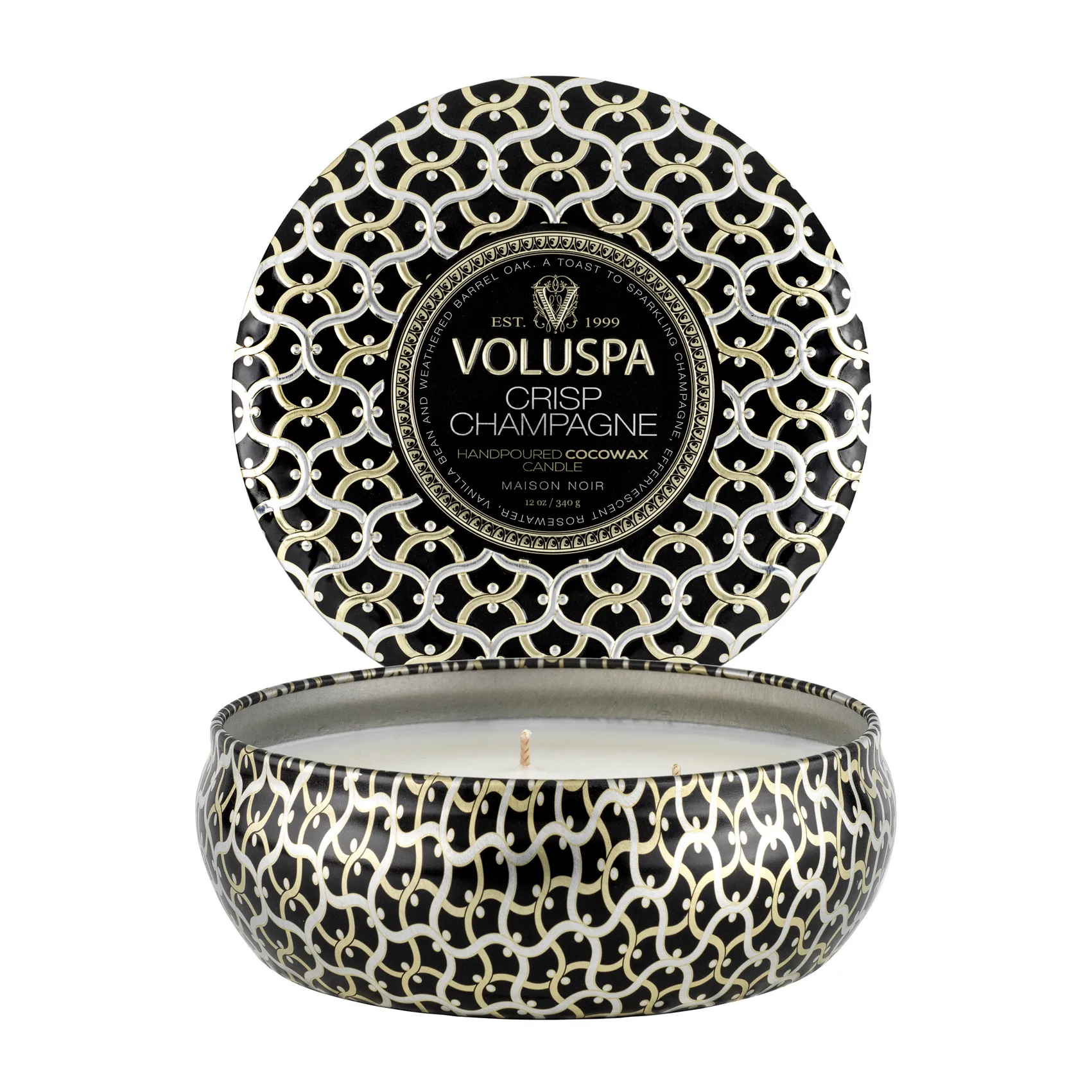 Bougie parfumée Maison Noir 3-wick Tin 40 heures, Crisp Champagne Voluspa