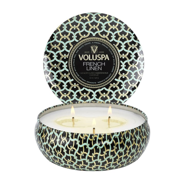 Bougie parfumée Maison Noir 3-wick Tin 40 heures, French Linen Voluspa