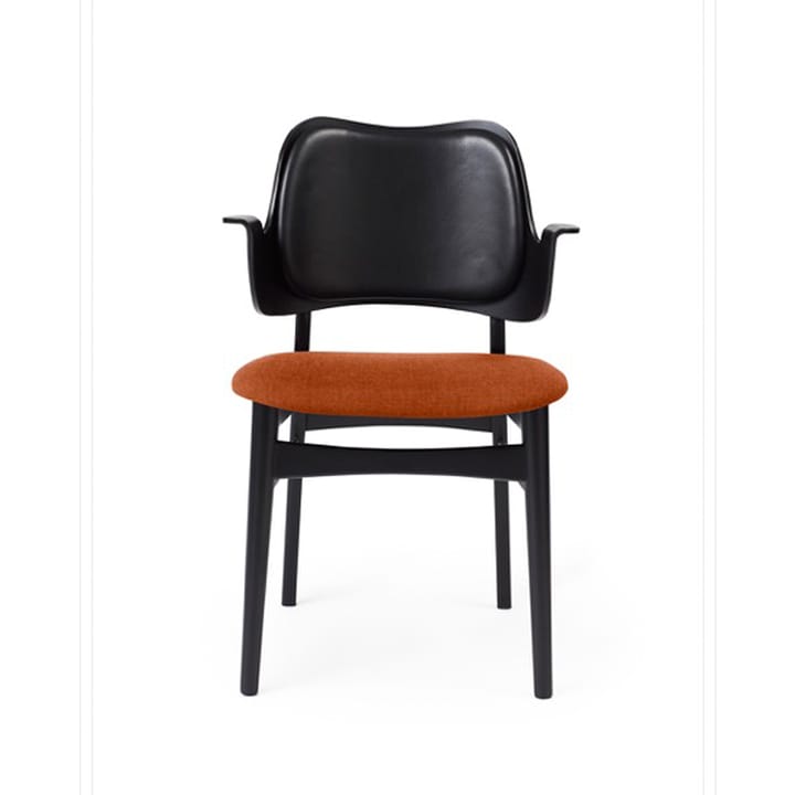 Chaise Gesture, assise et dossier revêtus de textile - tissu rusty rosé, dossier en cuir, structure en hêtre laqué noir - Warm Nordic