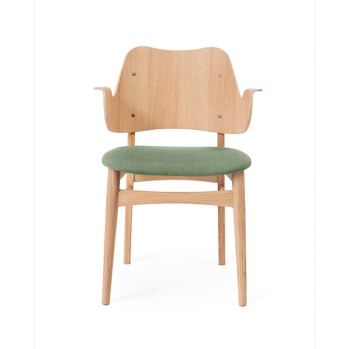 Chaise Gesture, assise revêtue de textile - tissu canvas 926 sage green, structure en chêne huilé blanc, assise rembourrée - Warm Nordic