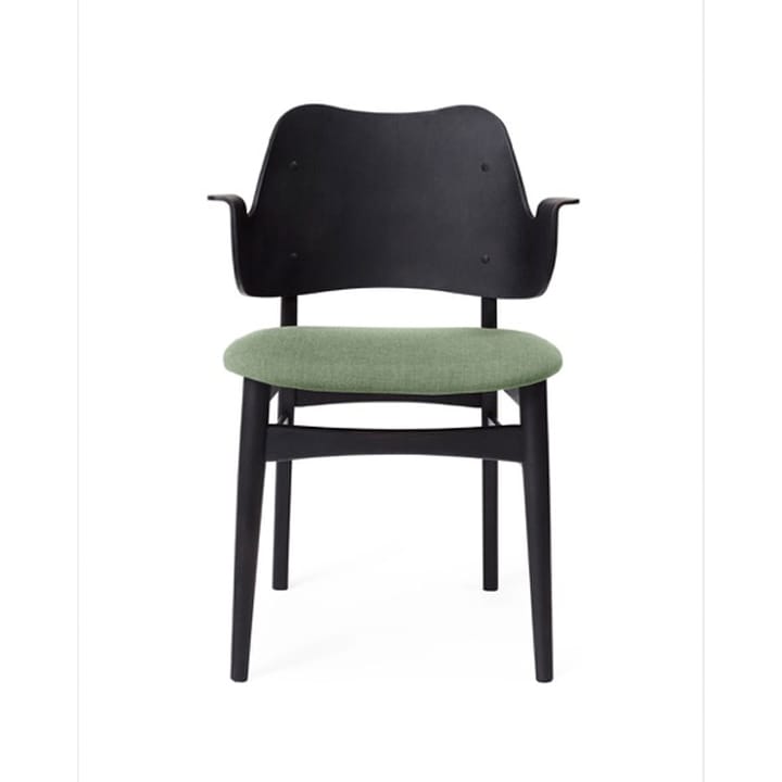 Chaise Gesture, assise revêtue de textile - tissu canvas 926 sage green, structure en hêtre laqué noir, assise rembourrée - Warm Nordic