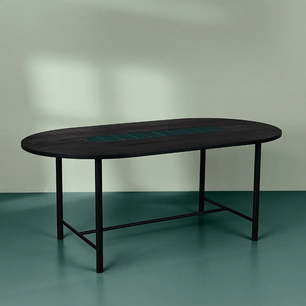Table à manger Be My Guest, chêne huilé noir, structure en acier noir, céramique verte, 100x180 Warm Nordic