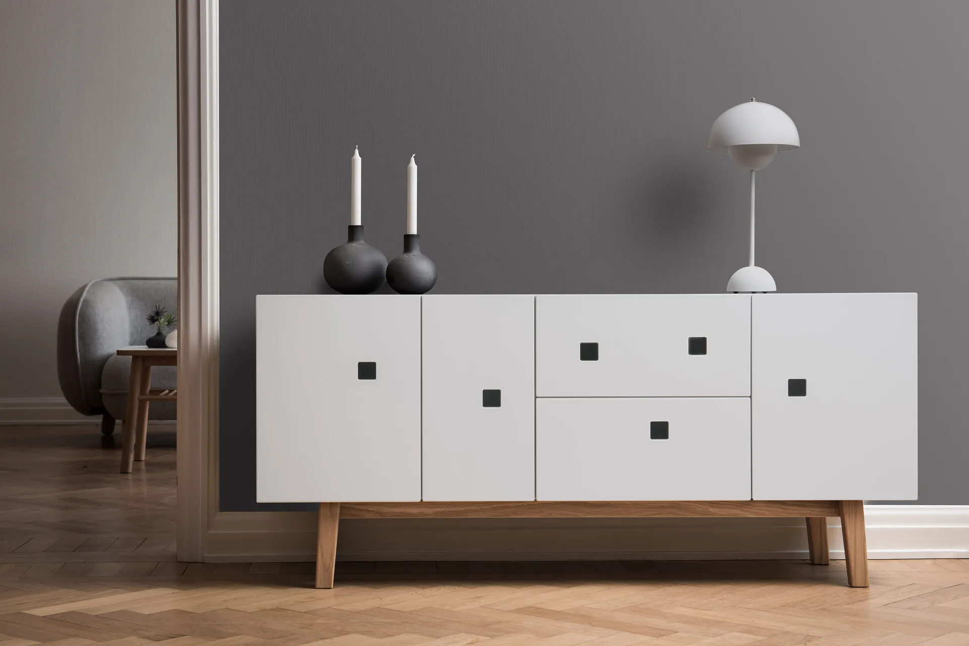 Banc multimédia Peep M2, blanc, retro, structure en chêne Zweed