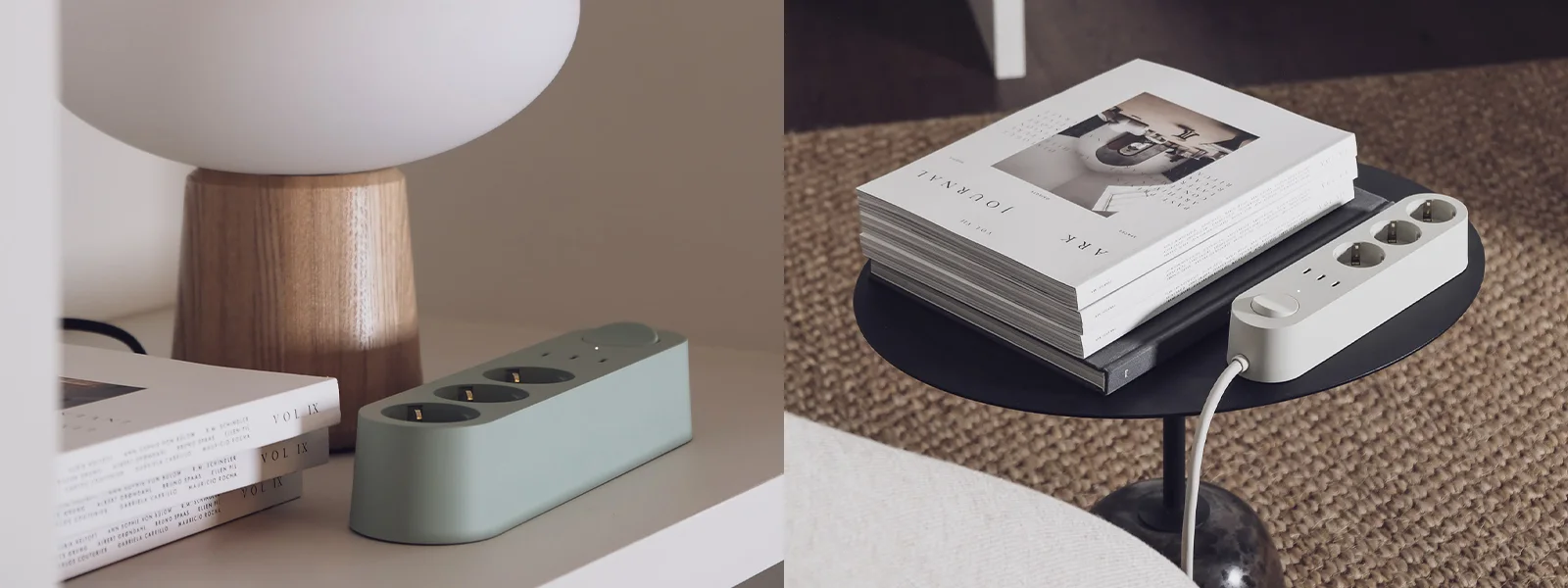 Deux multiprises dans des décors minimalistes. L'une est vert clair, sur une étagère avec une lampe et des livres. L'autre est gris clair, sur une table avec des magazines.