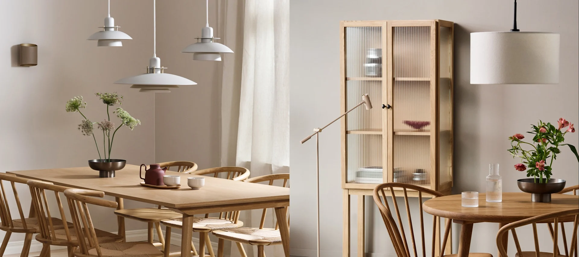 Vous voyez ici deux idées différentes d'éclairage de salle à manger dans un style japonais. L'une avec une longue table de salle à manger et une grappe de lampes et l'autre avec une table ronde et une lampe ronde. 