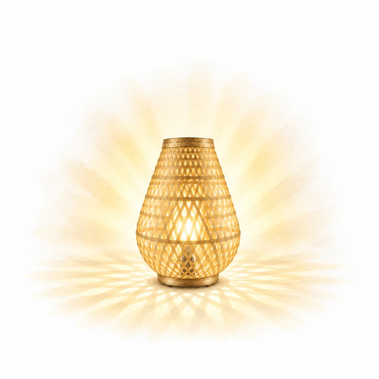 Lanterne en bambou lumineuse avec un motif de tressage complexe, projetant une lumière chaude et des ombres.