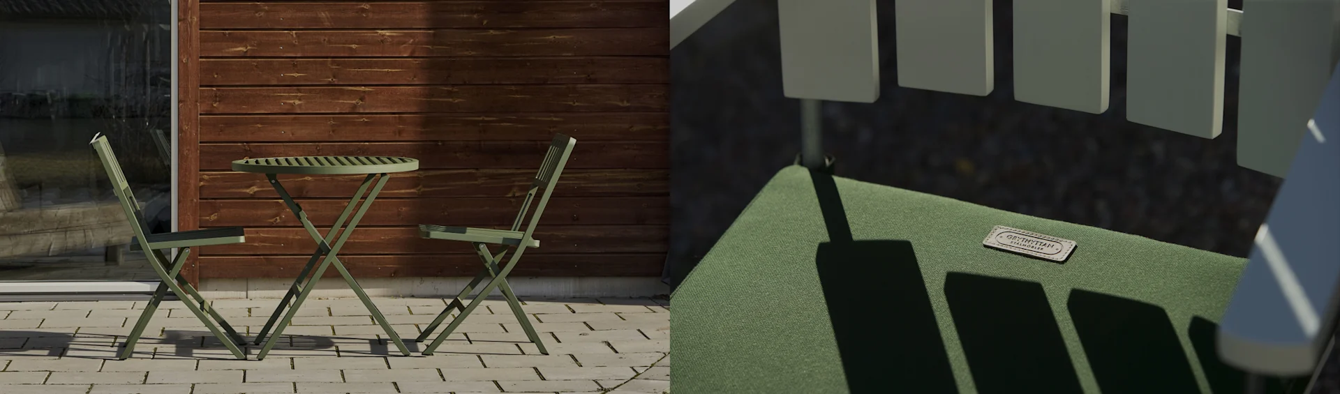 Table et deux chaises d'extérieur pliantes vertes sur un patio pavé près d'un mur en bois. Gros plan d'un siège en tissu vert.