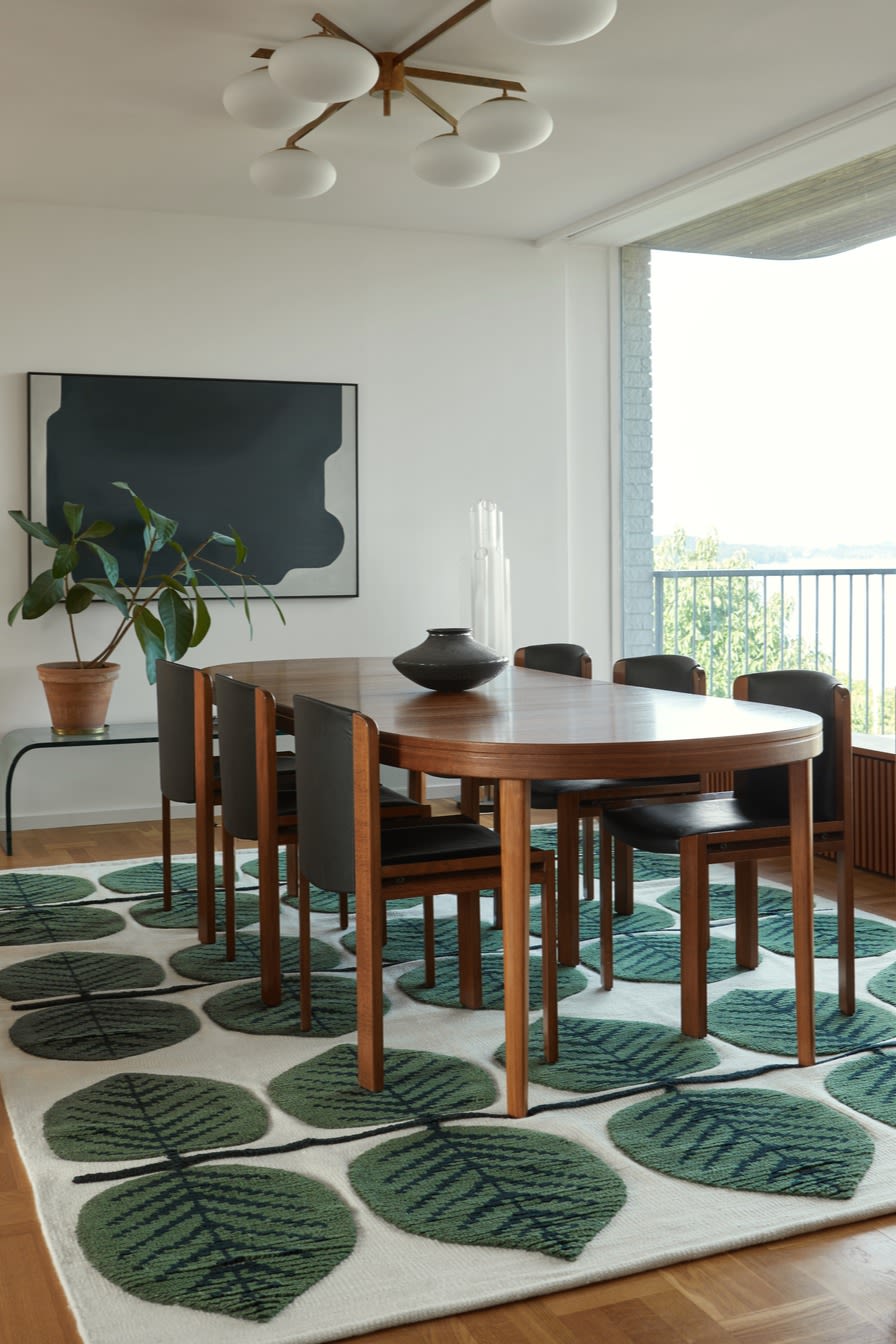 Tapis pour la salle à manger : Le tapis en laine Stig Lindberg Berså de Layered a fière allure dans une salle à manger aménagée avec des meubles en bois foncé.
