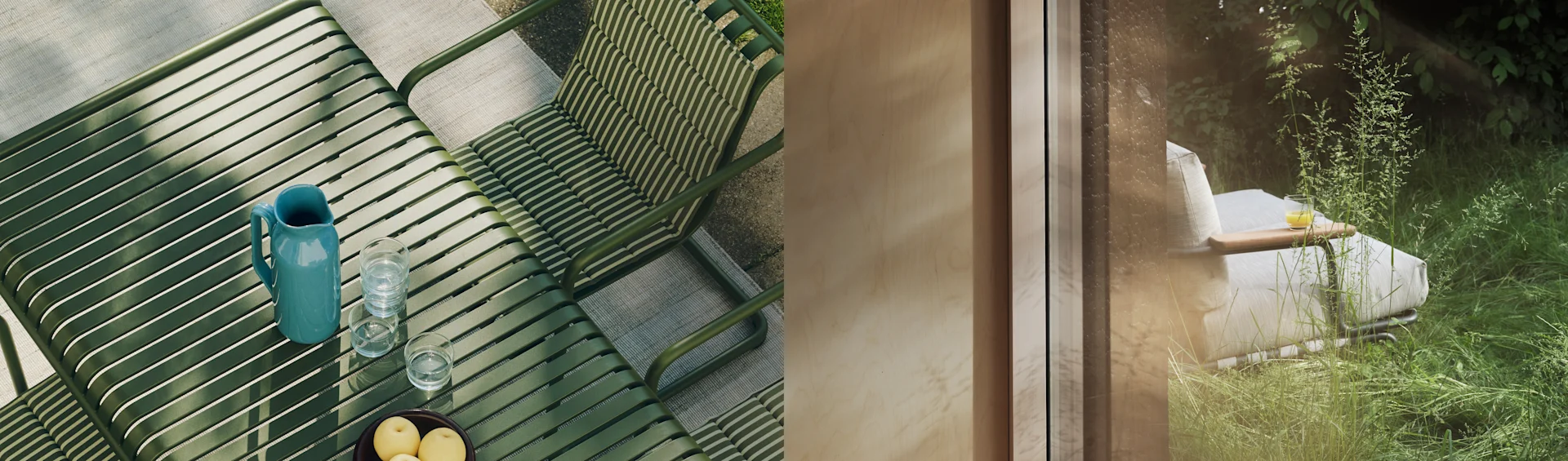 Image divisée: table d'extérieur verte à lattes avec pichet, verres et fruits. À droite: chaise longue blanche dans un jardin vert vue à travers une fenêtre.