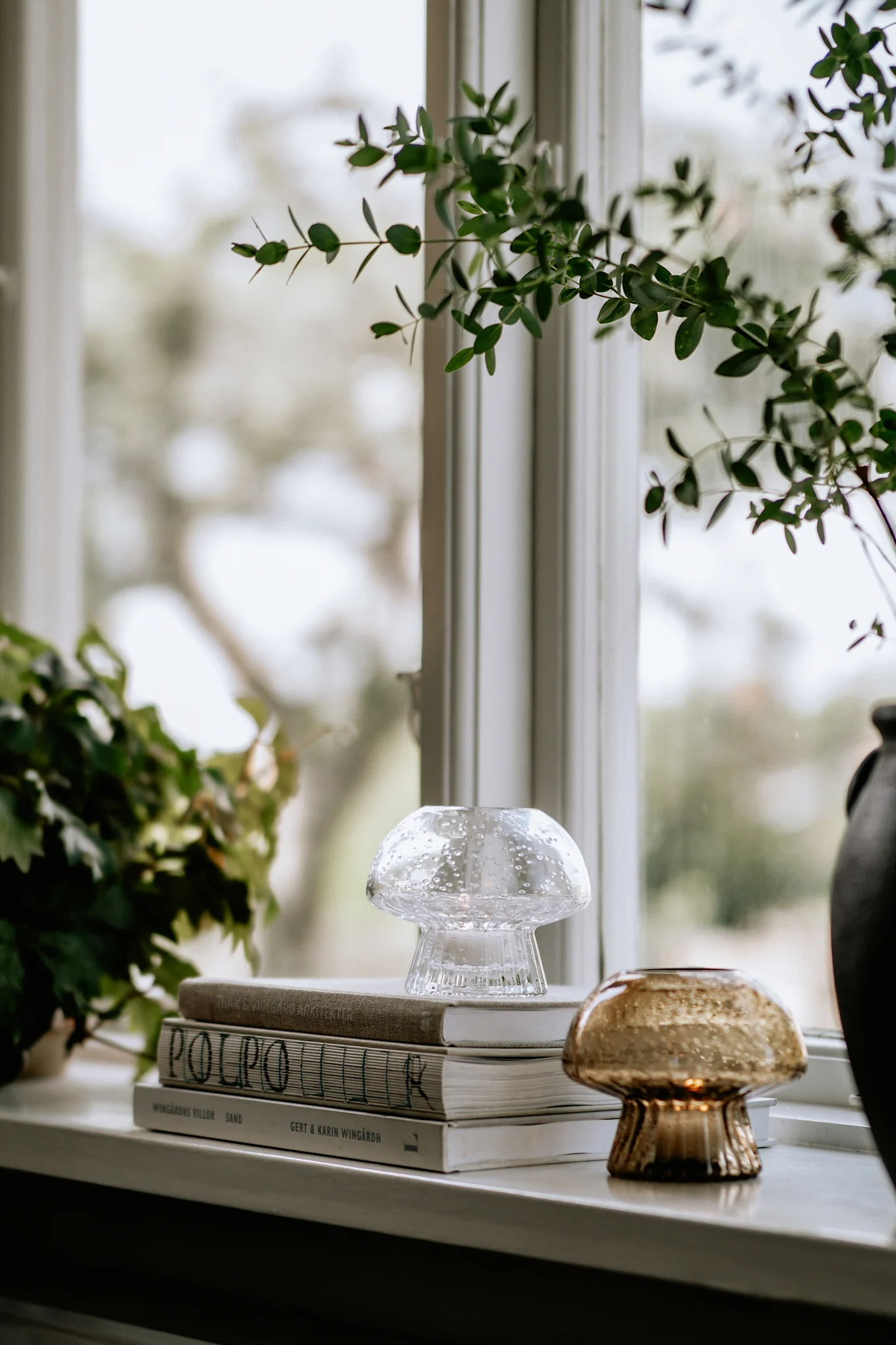 Photophores en verre bulle transparent et verre ambré, livres et plantes vertes sur un rebord de fenêtre.