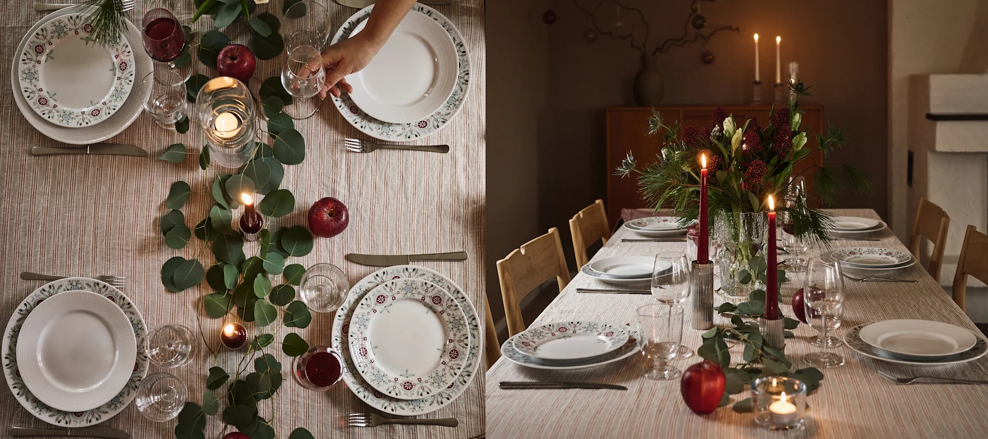 Deux vues d'une table de Noël simple, l'une d'en haut, l'autre de côté, où l'on peut voir des bougies rouges, de la vaisselle à motifs et des décorations de table naturelles.