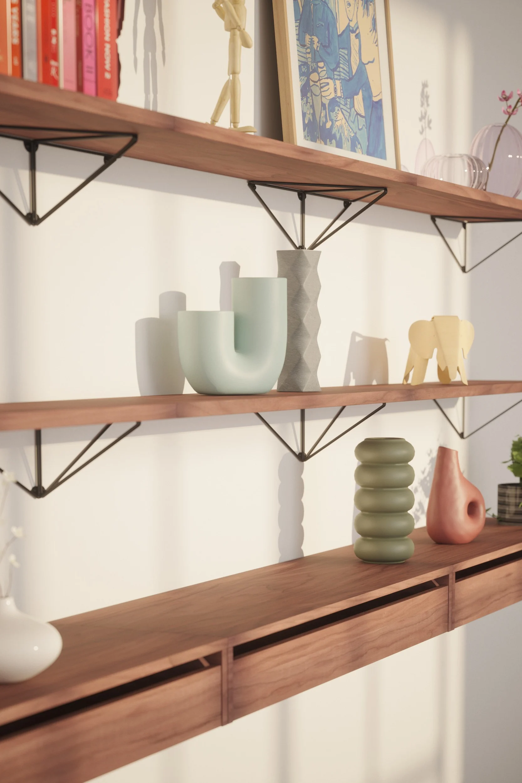 Trois étagères en bois présentant des livres, une impression d'art encadrée, un mannequin en bois et divers vases décoratifs modernes et colorés.