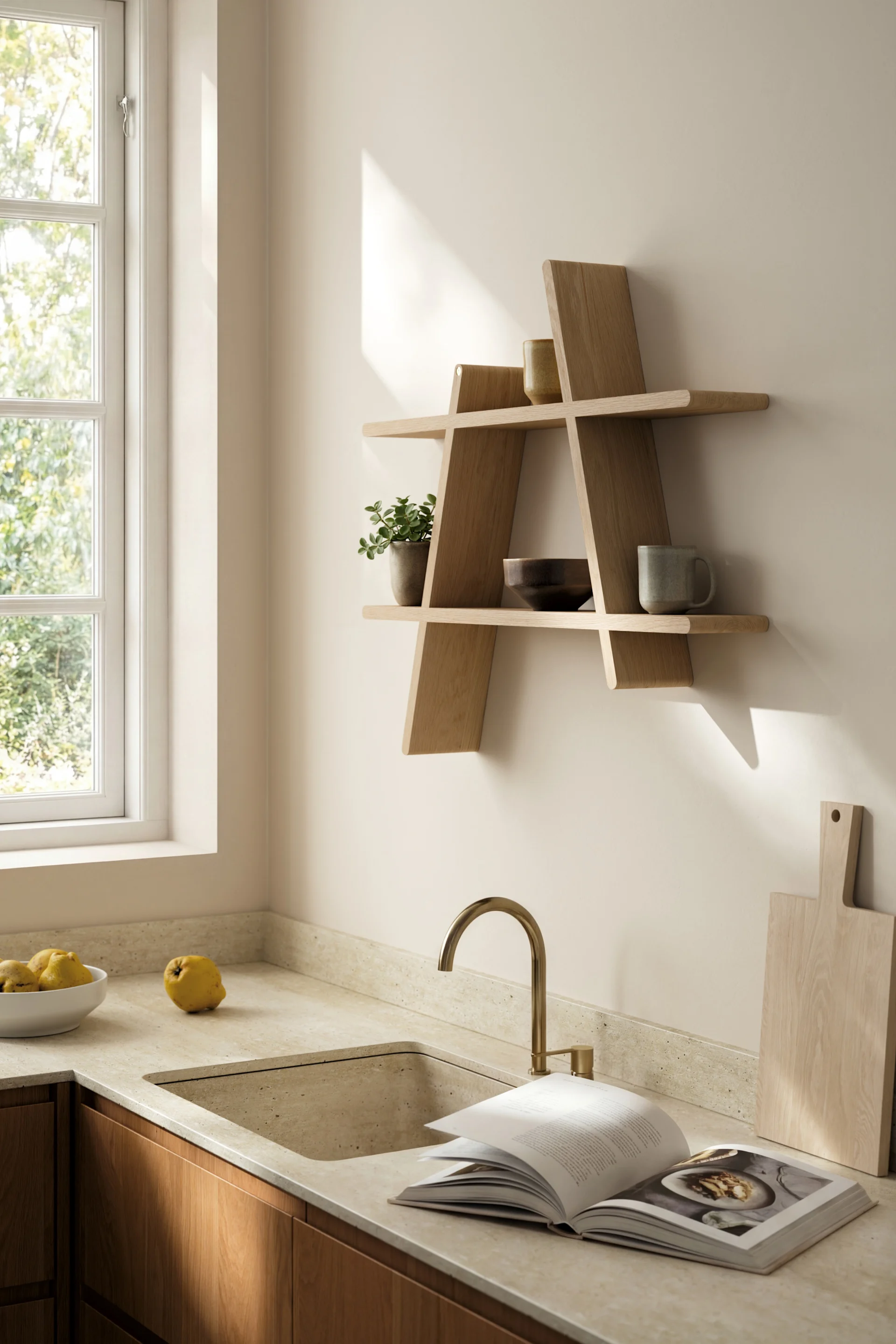 Cuisine lumineuse avec comptoir en pierre, robinet en laiton. Étagère murale en bois géométrique, plante, bol, tasse.