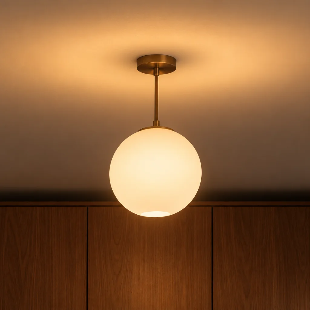 Suspension sphérique blanche avec éléments en laiton, émettant une lumière chaude.