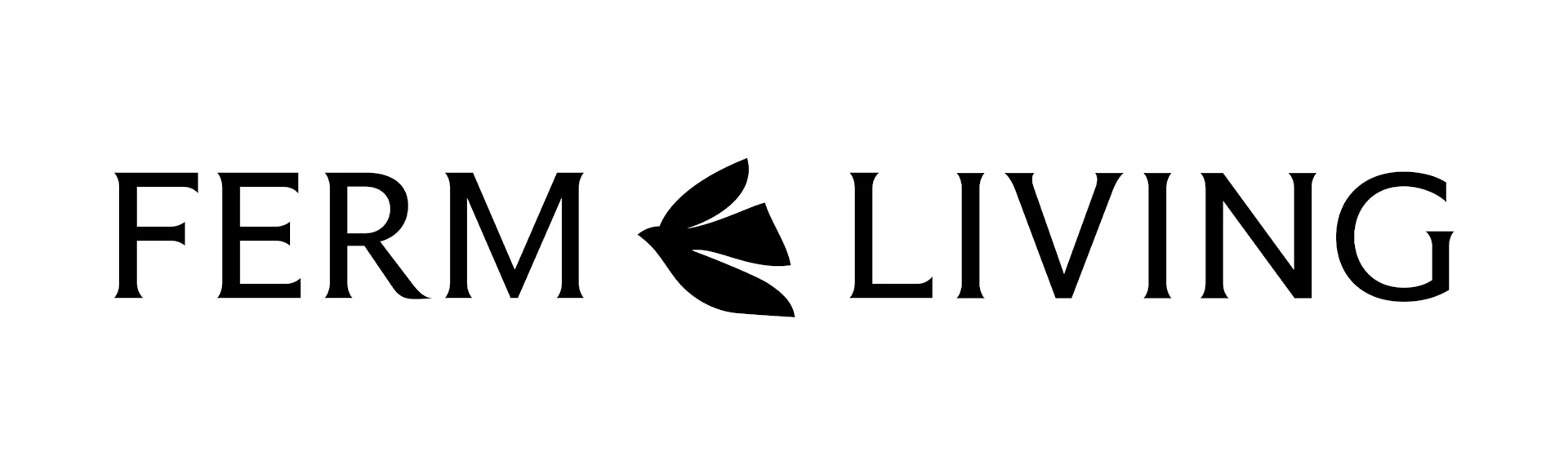 Logo FERM LIVING avec un motif de feuille stylisé entre les mots.
