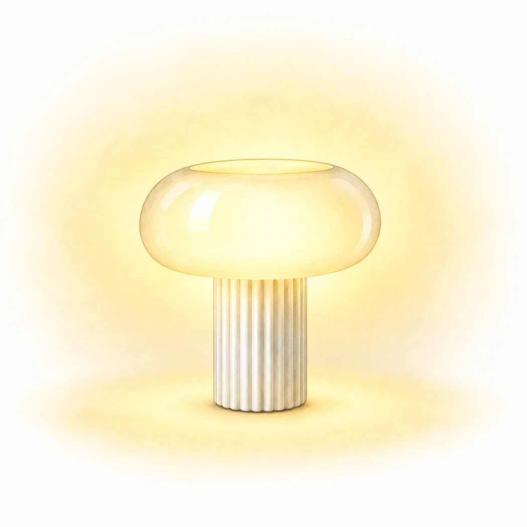 Lampe de table en forme de champignon avec un dessus rond lumineux et translucide et une base cylindrique côtelée.