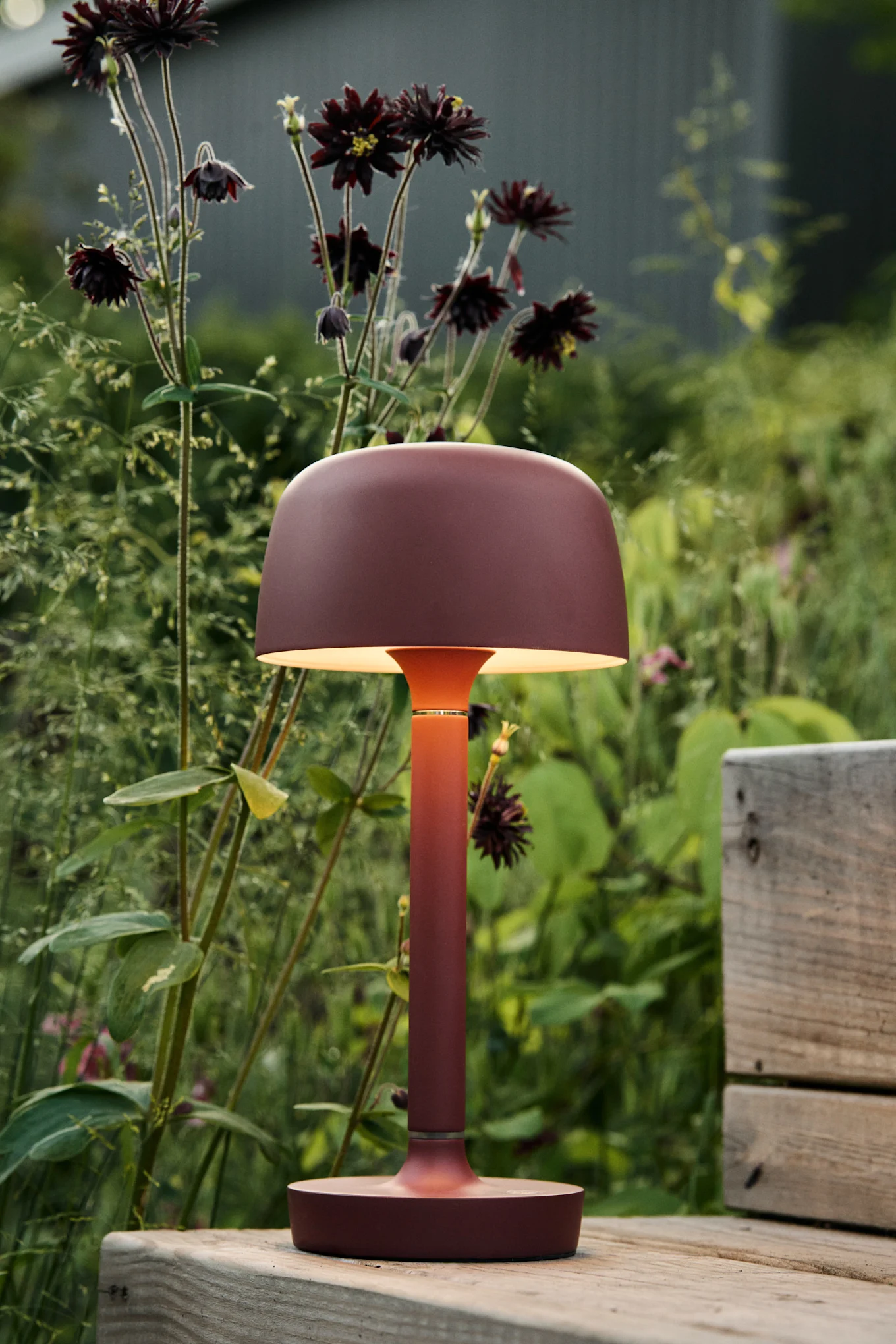 Une lampe portable marron-rouge avec un abat-jour en forme de champignon brillant sur un banc en bois dans un jardin avec des fleurs sombres.