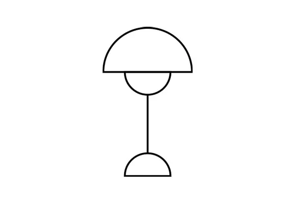 Dessin au trait d'une lampe de table avec un abat-jour et une base en forme de dôme.