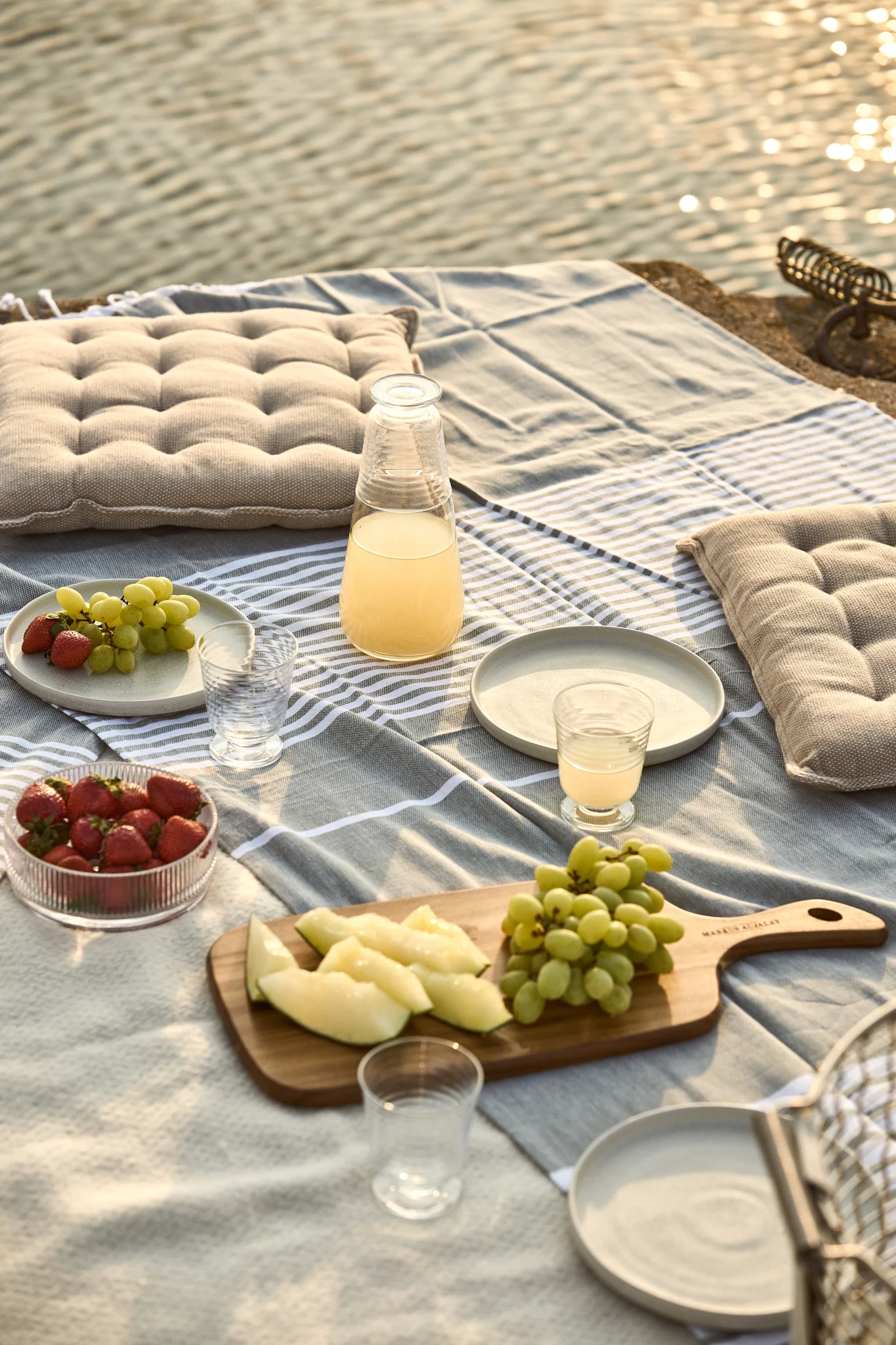 Pique-nique au bord de l'eau avec une couverture rayée, des coussins, du jus de fruits, des fraises, du raisin et des tranches de melon.