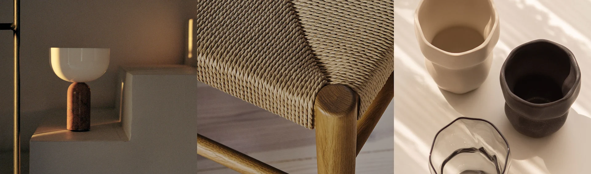 Une lampe moderne, une assise de chaise tressée et deux tasses en céramique avec un bol en verre, le tout dans des tons chauds.