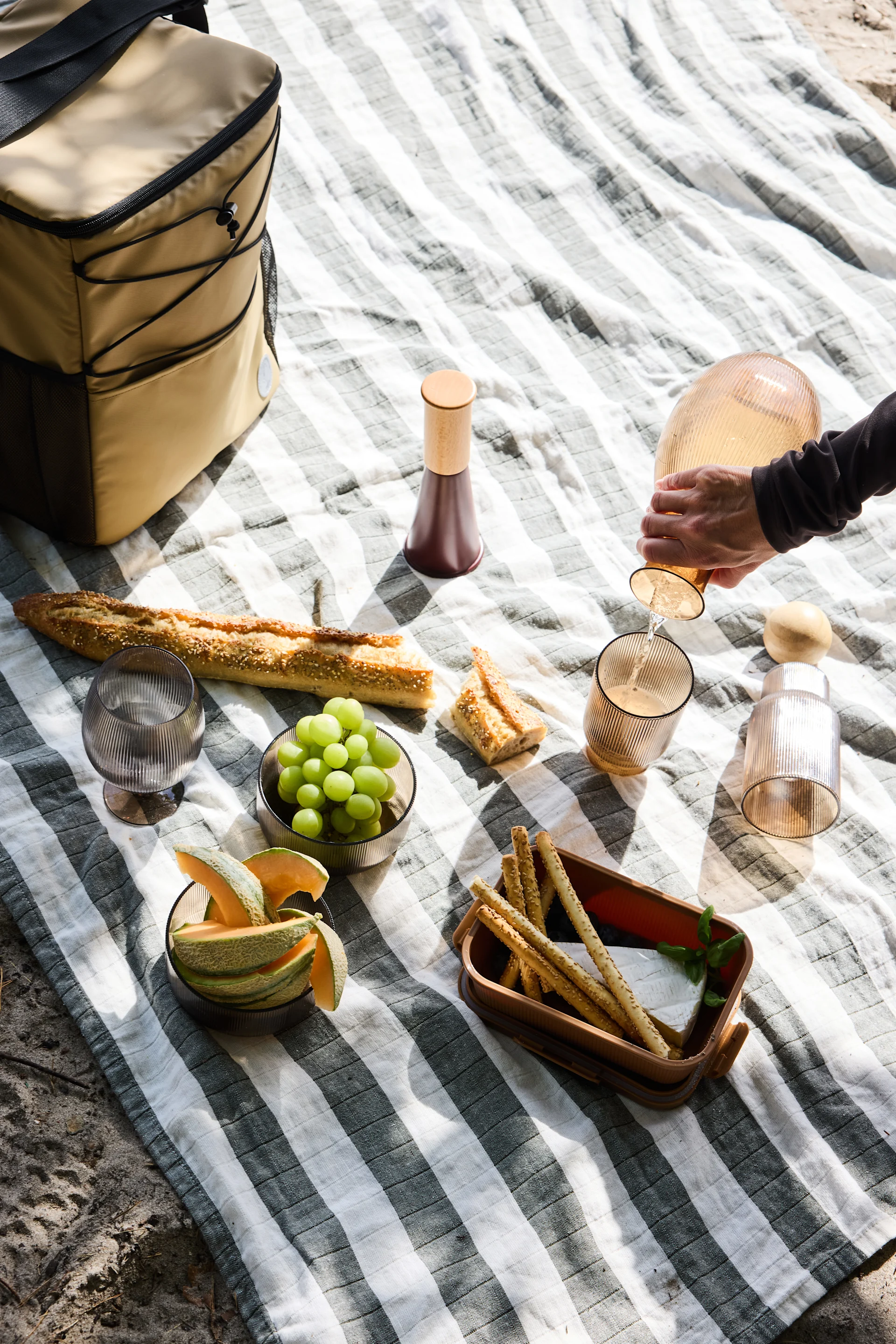 Vue plongeante sur un pique-nique organisé sur une nappe rayée, avec une personne en train de verser du vin à partir d'une carafe striée, une baguette, des fruits, du fromage et des grissini.