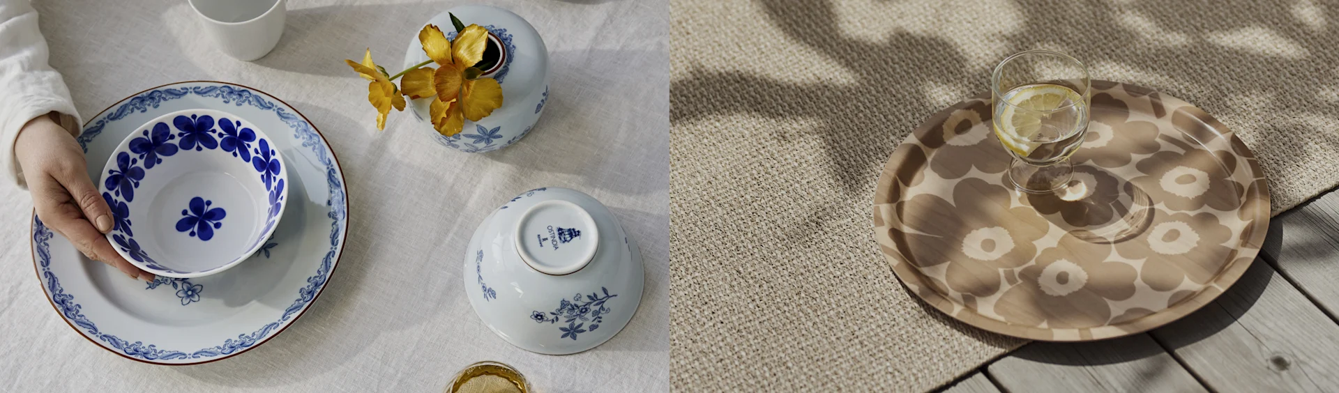 Deux scènes: à gauche, une main tient un bol à motifs bleus et blancs sur une assiette assortie avec un vase de fleurs; à droite, un plateau à motifs avec de l'eau citronnée.