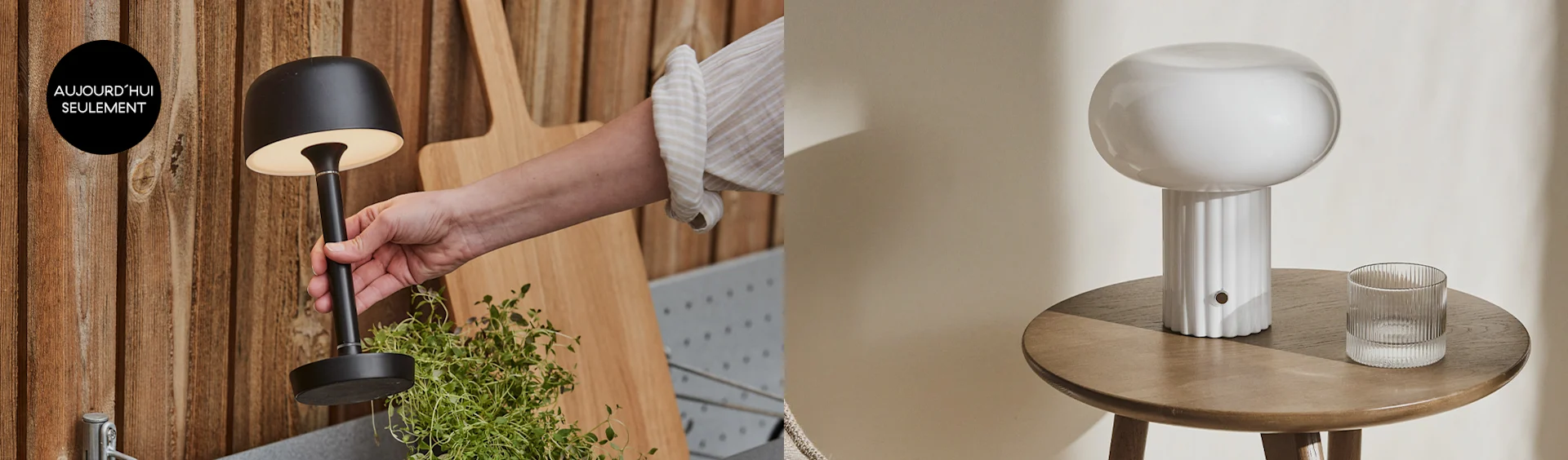 Deux lampes au design moderne : une lampe portable noire tenue par une main au-dessus de plantes, et une lampe de table blanche en forme de champignon sur une table en bois.