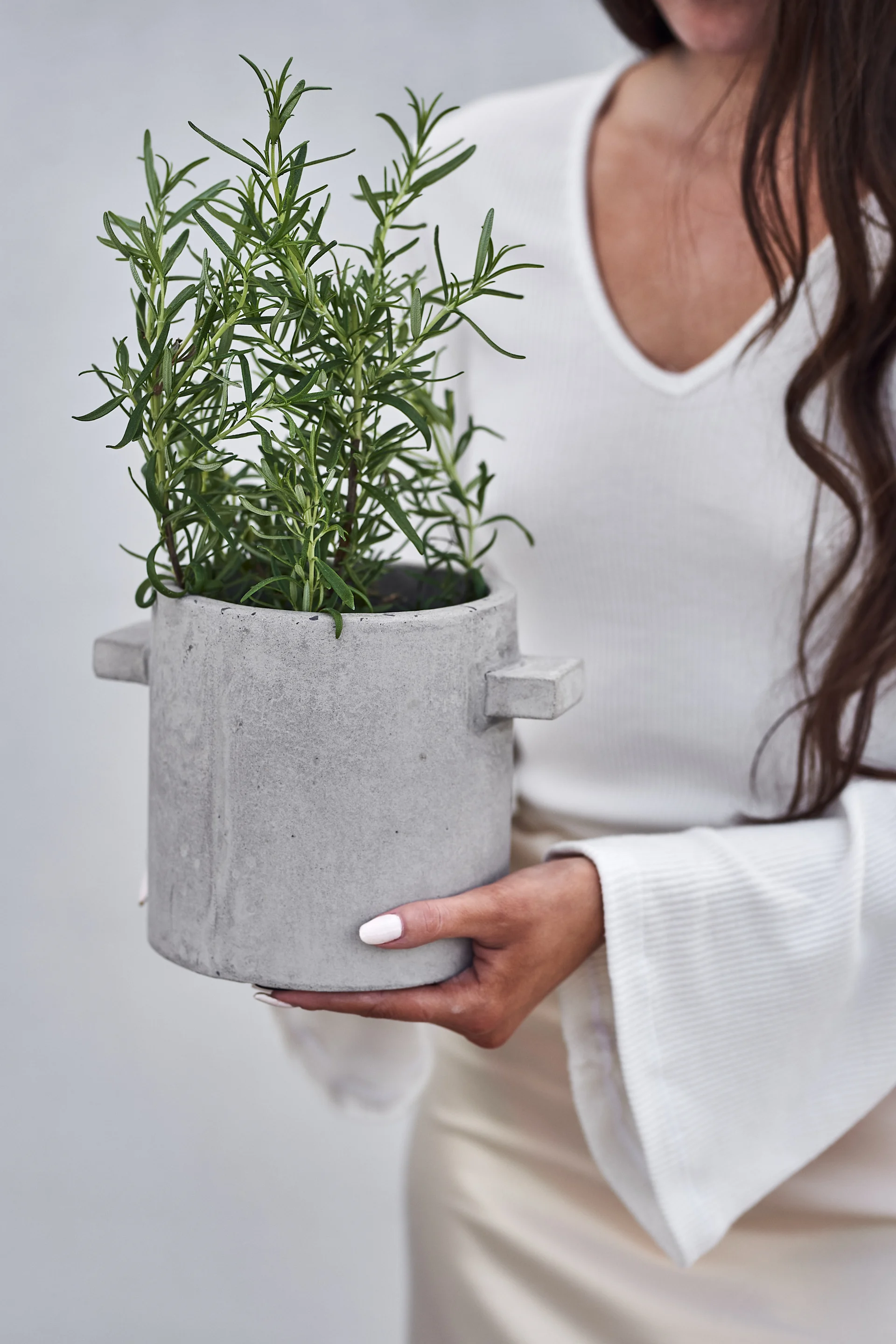 Les pots de fleurs pour vos herbes aromatiques sur le balcon sont un incontournable de l'été. Vous voyez ici le pot en béton Serax avec un romarin parfumé. 