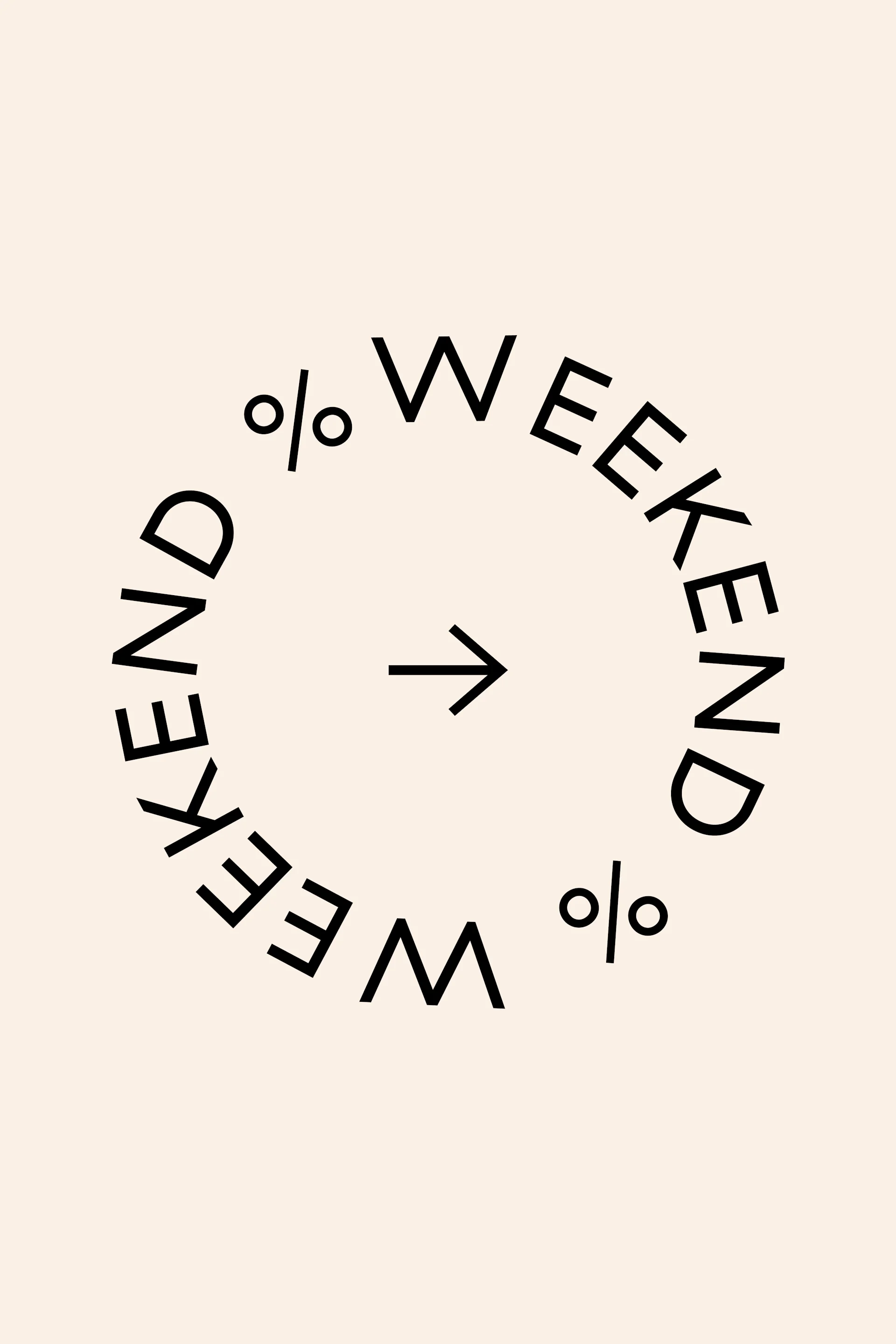 Le mot "WEEKEND" et des signes de pourcentage disposés en cercle, avec une flèche pointant vers la droite au centre.
