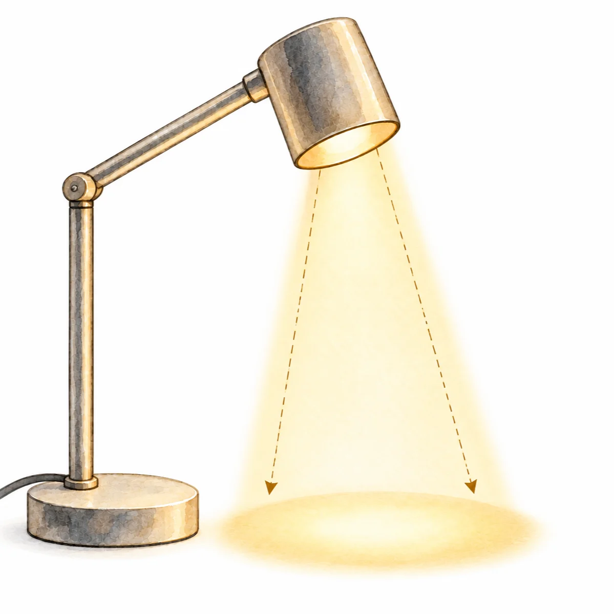 Une peinture à l'aquarelle d'une lampe de bureau allumée projetant un faisceau de lumière ovale sur une surface.