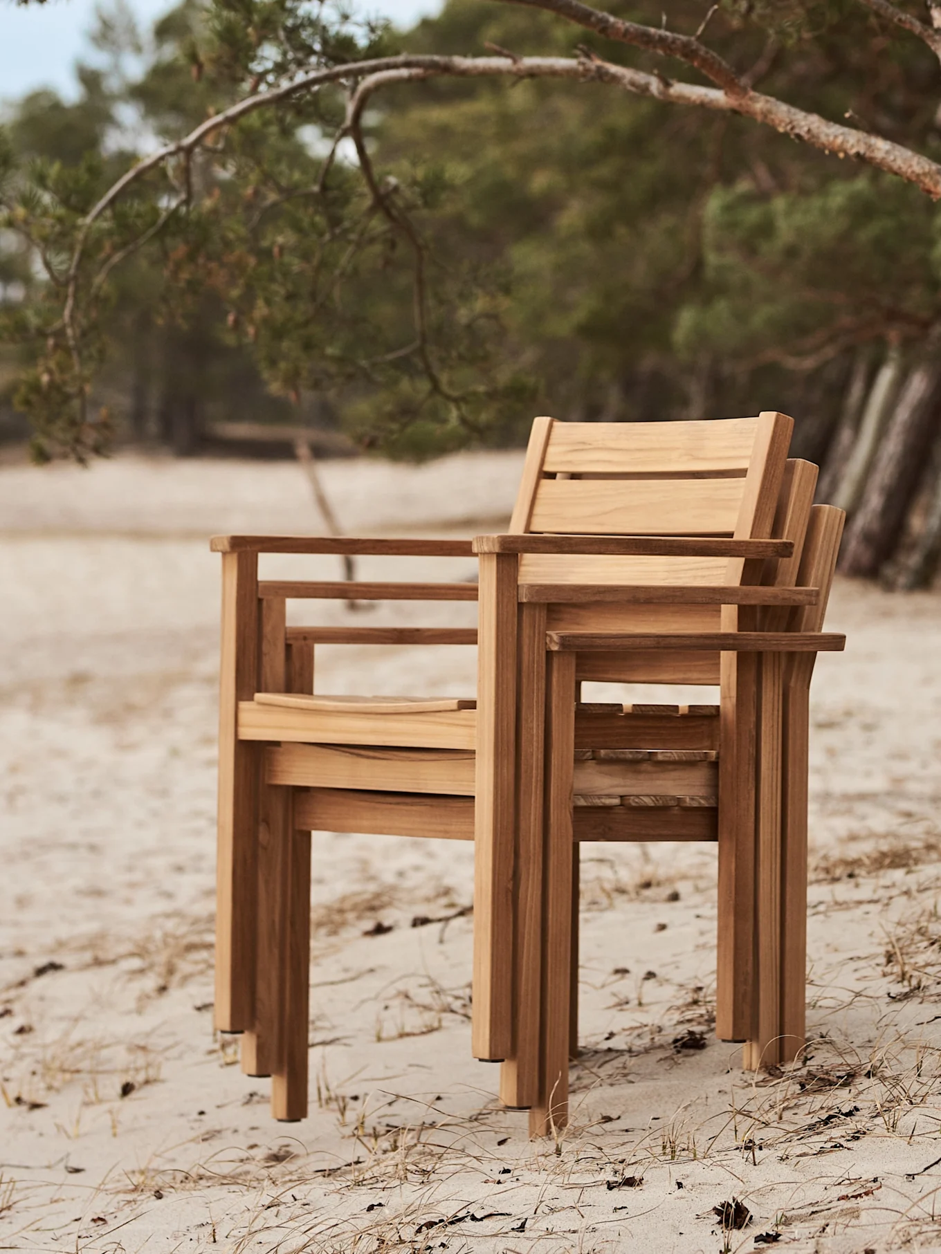 Trois chaises d'extérieur en bois empilées sur une plage de sable avec des arbres en arrière-plan.
