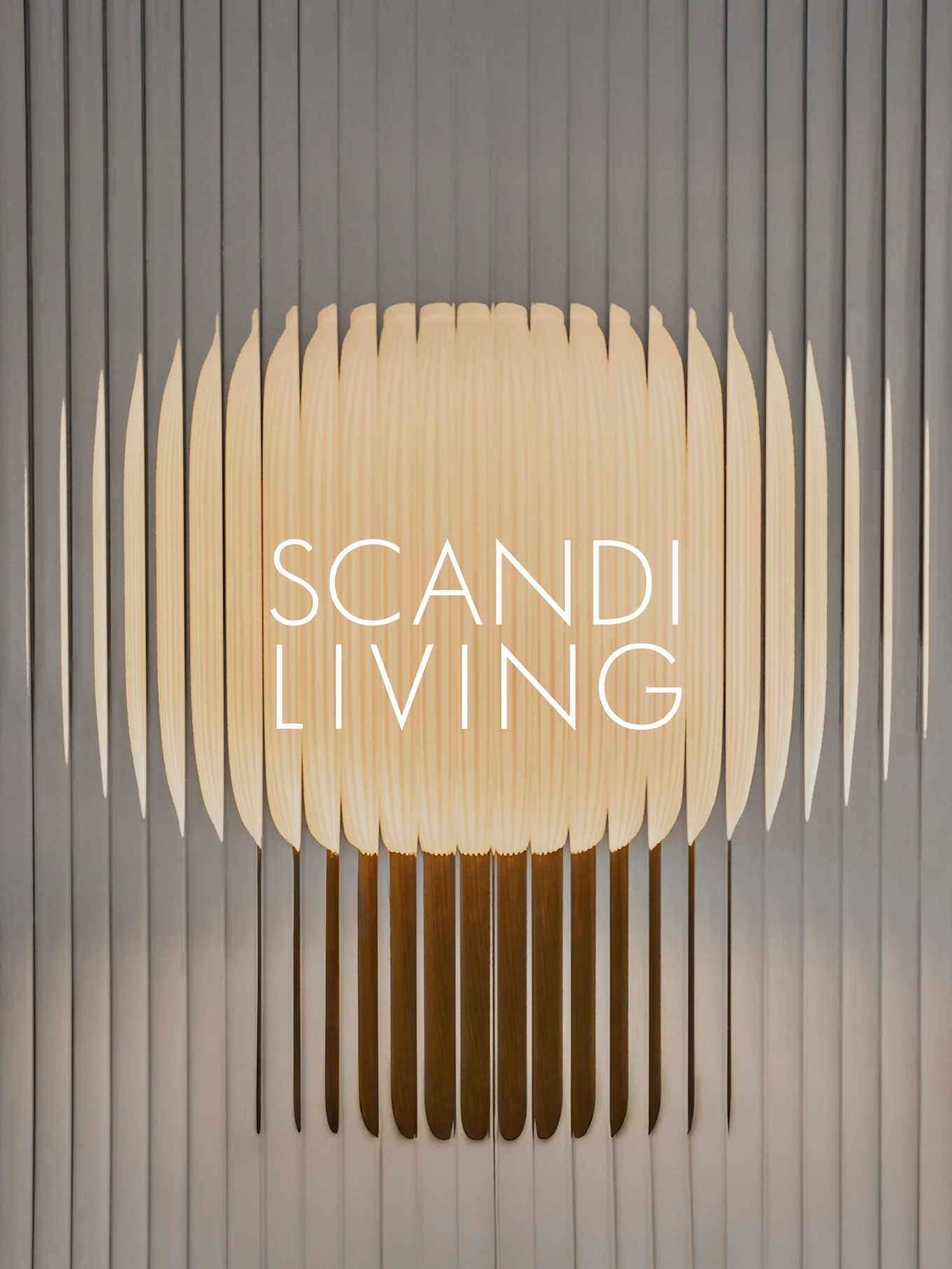 Texte "SCANDI LIVING" sur une œuvre d'art murale en lattes de bois clair avec un motif ondulé sur un fond gris nervuré.
