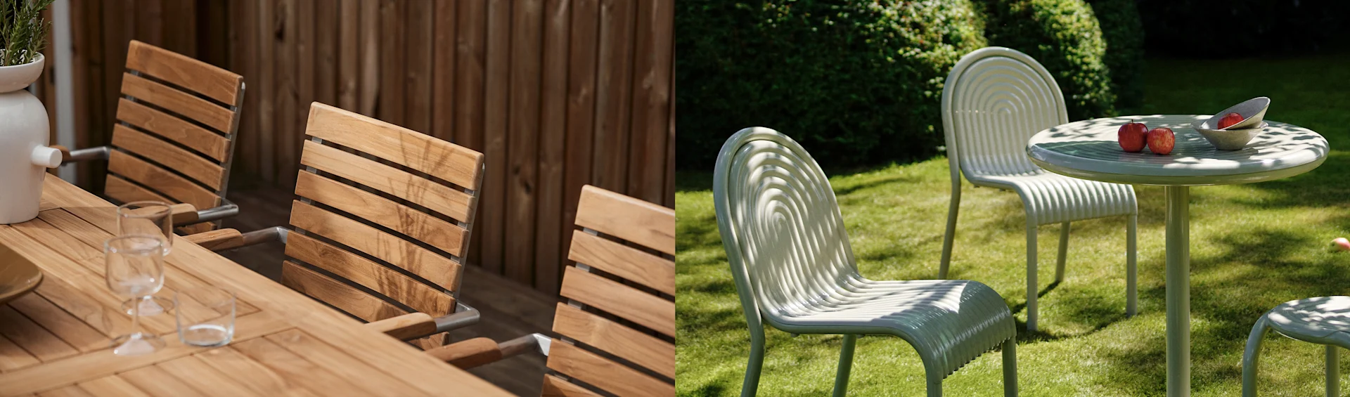 Deux scènes d'extérieur: un ensemble table et chaises en bois et un salon de jardin vert avec des pommes.