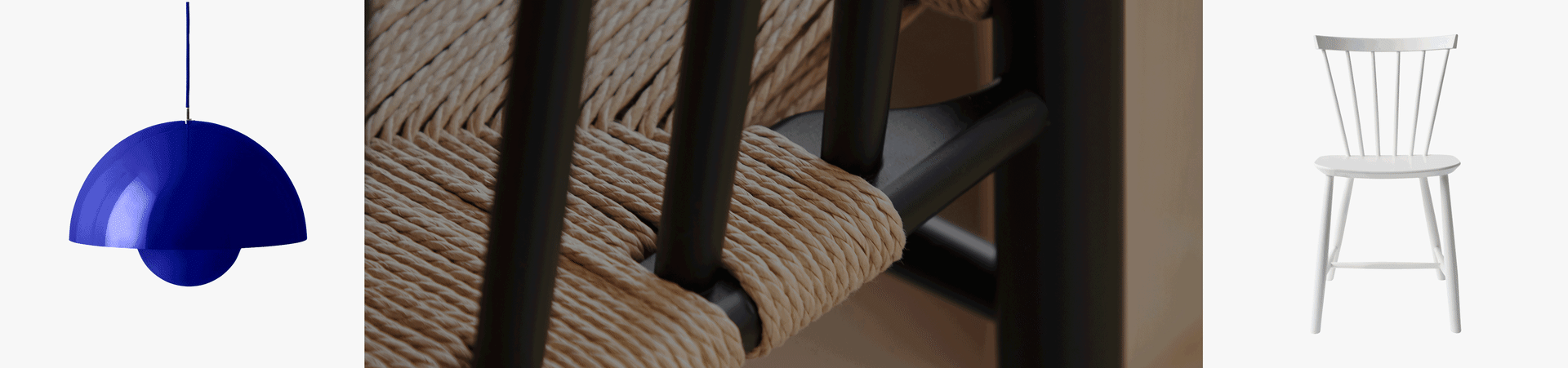 Lampe suspendue bleue, gros plan de chaise avec siège en fibres naturelles tressées, et chaise blanche en bois à barreaux.