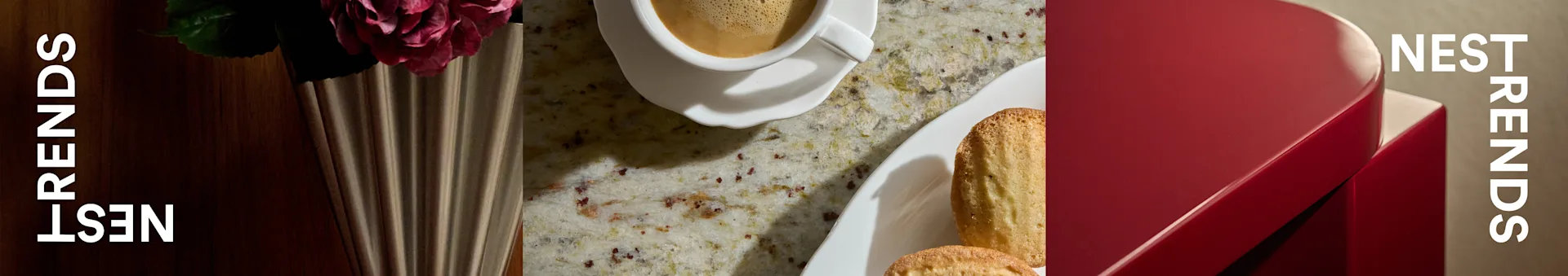 Tasse à café, madeleines, rose dans un vase cannelé sur comptoir tacheté, près d'une boîte rouge, texte 'NEST TRENDS'.