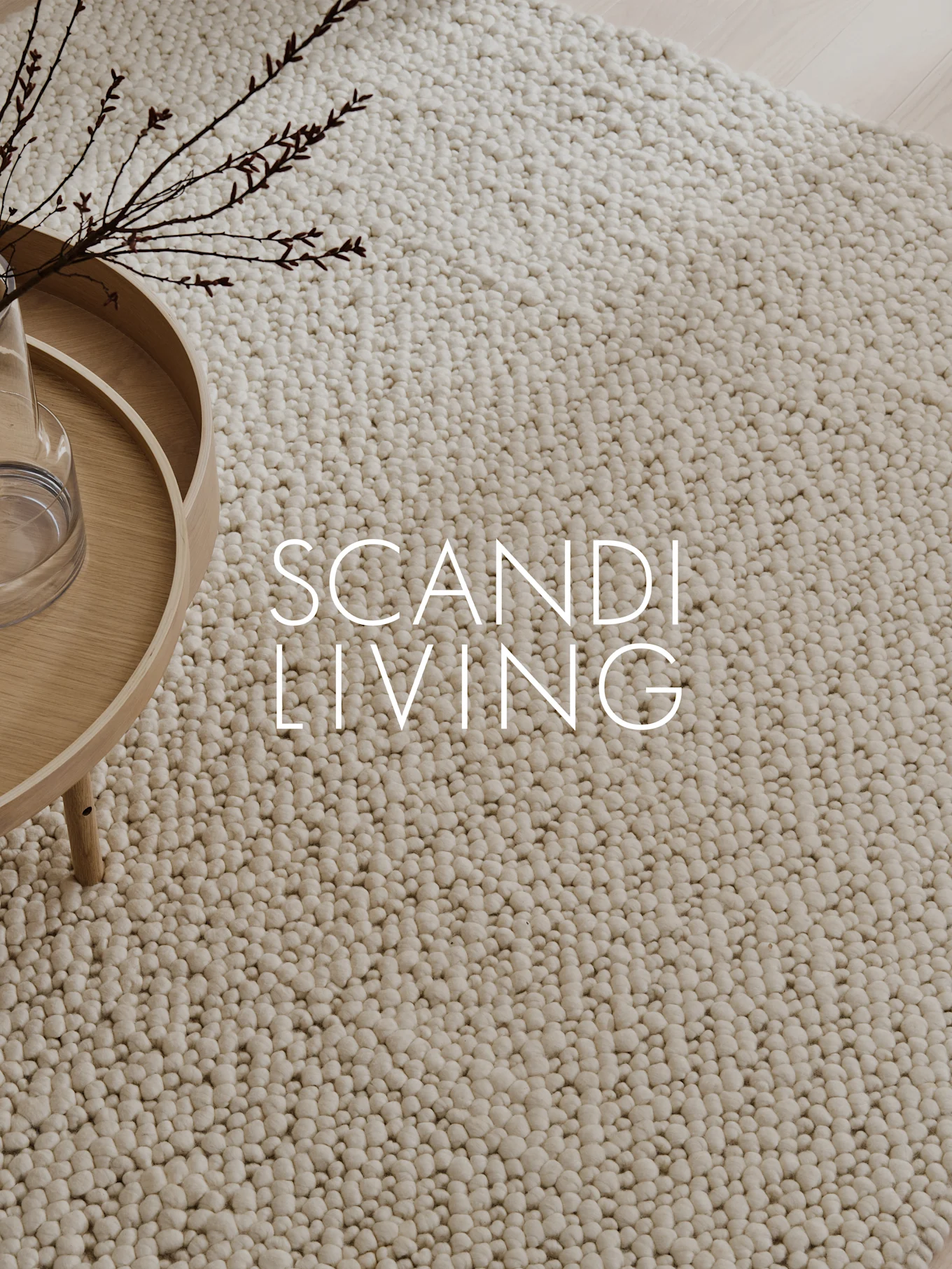 Texte 'SCANDI LIVING' sur un tapis texturé beige clair avec une table en bois et des branches.
