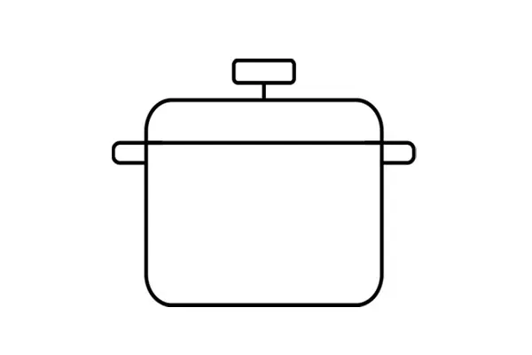 Un dessin au trait simple d'une casserole avec un couvercle et deux poignées.