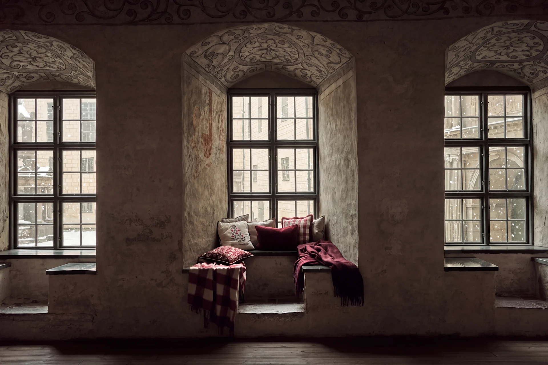 Banquette de fenêtre confortable dans un bâtiment historique avec murs décoratifs et chutes de neige à l'extérieur.