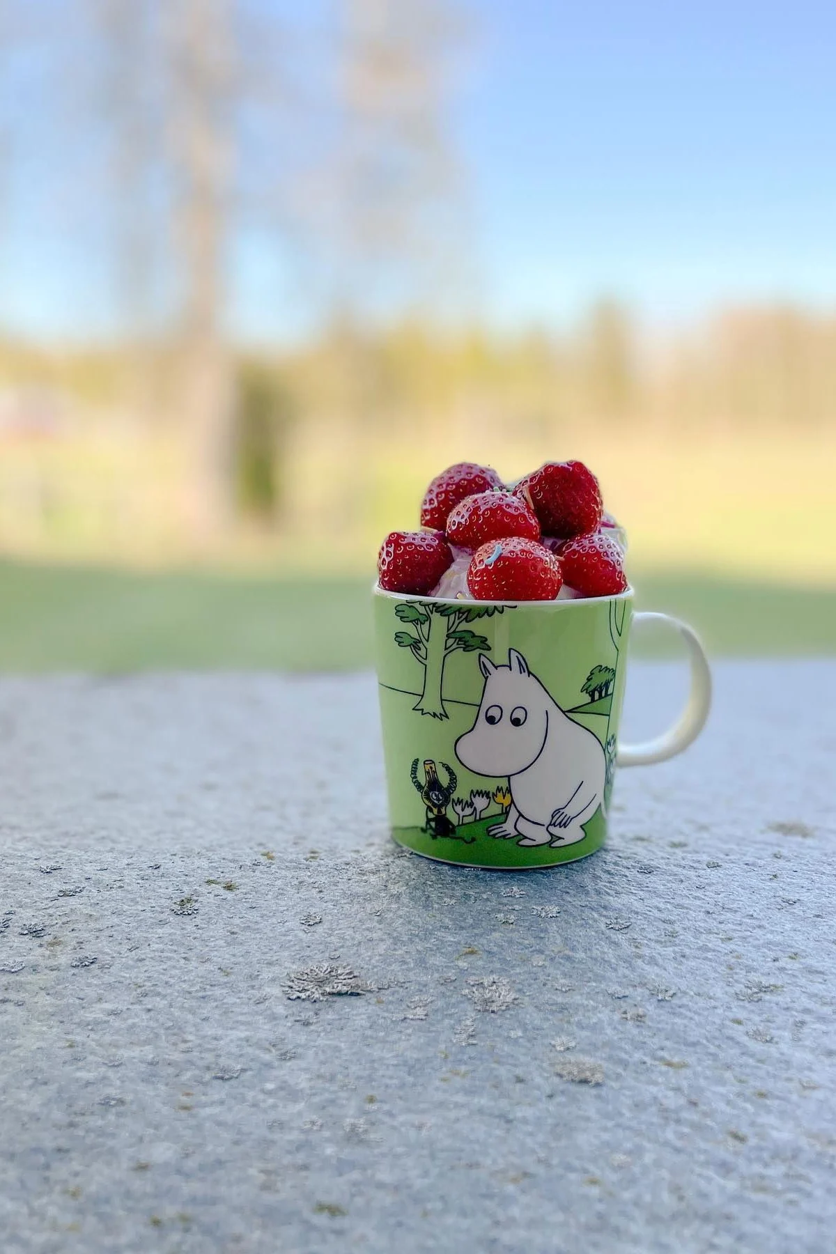 Le gobelet Moomin vert de @mylittlemoominfamily est dehors sur le sol, rempli de fraises.
