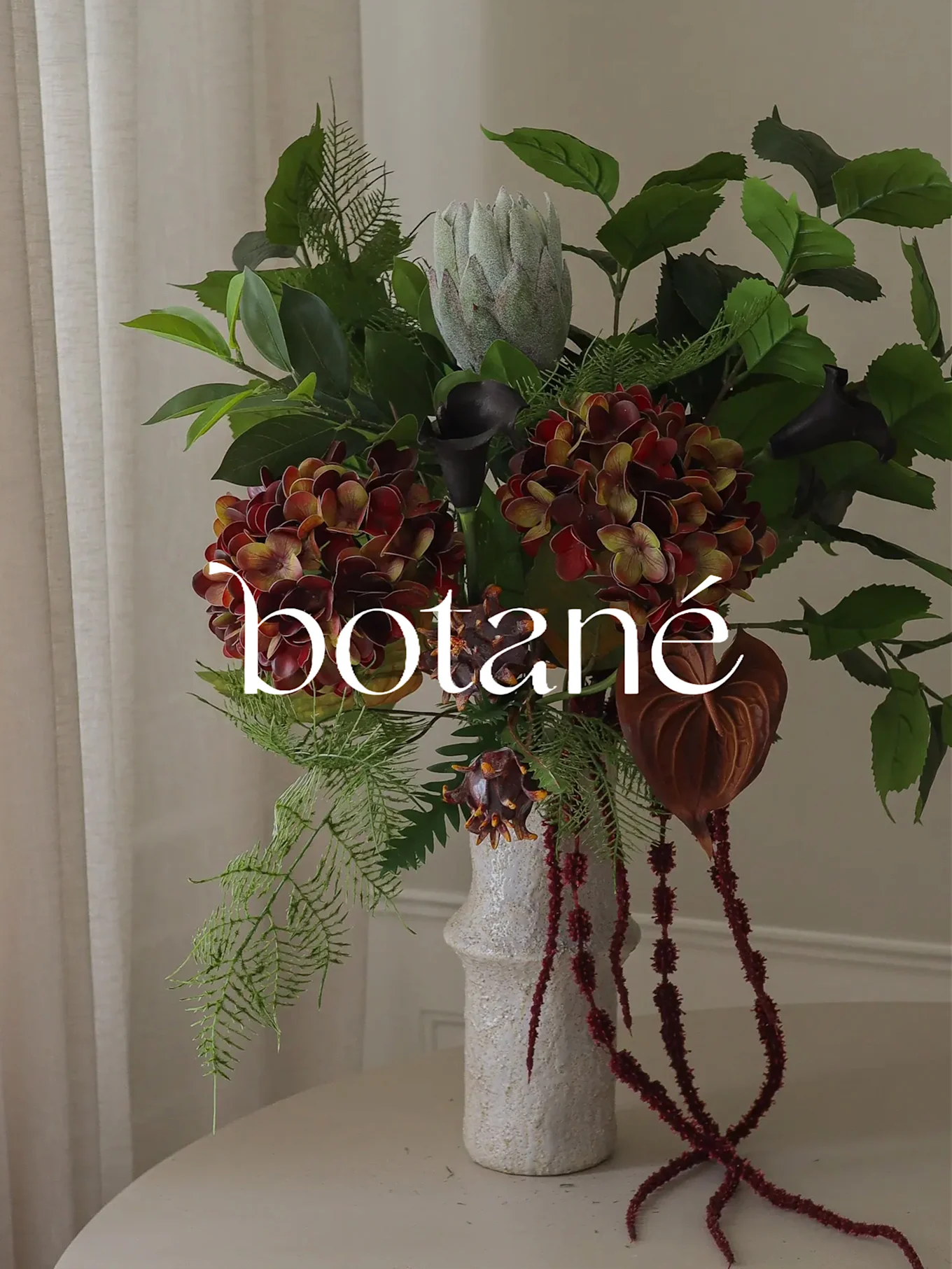 Un arrangement floral d'hortensias rouges, une protée et des callas noirs dans un vase blanc, avec 'botané' superposé.