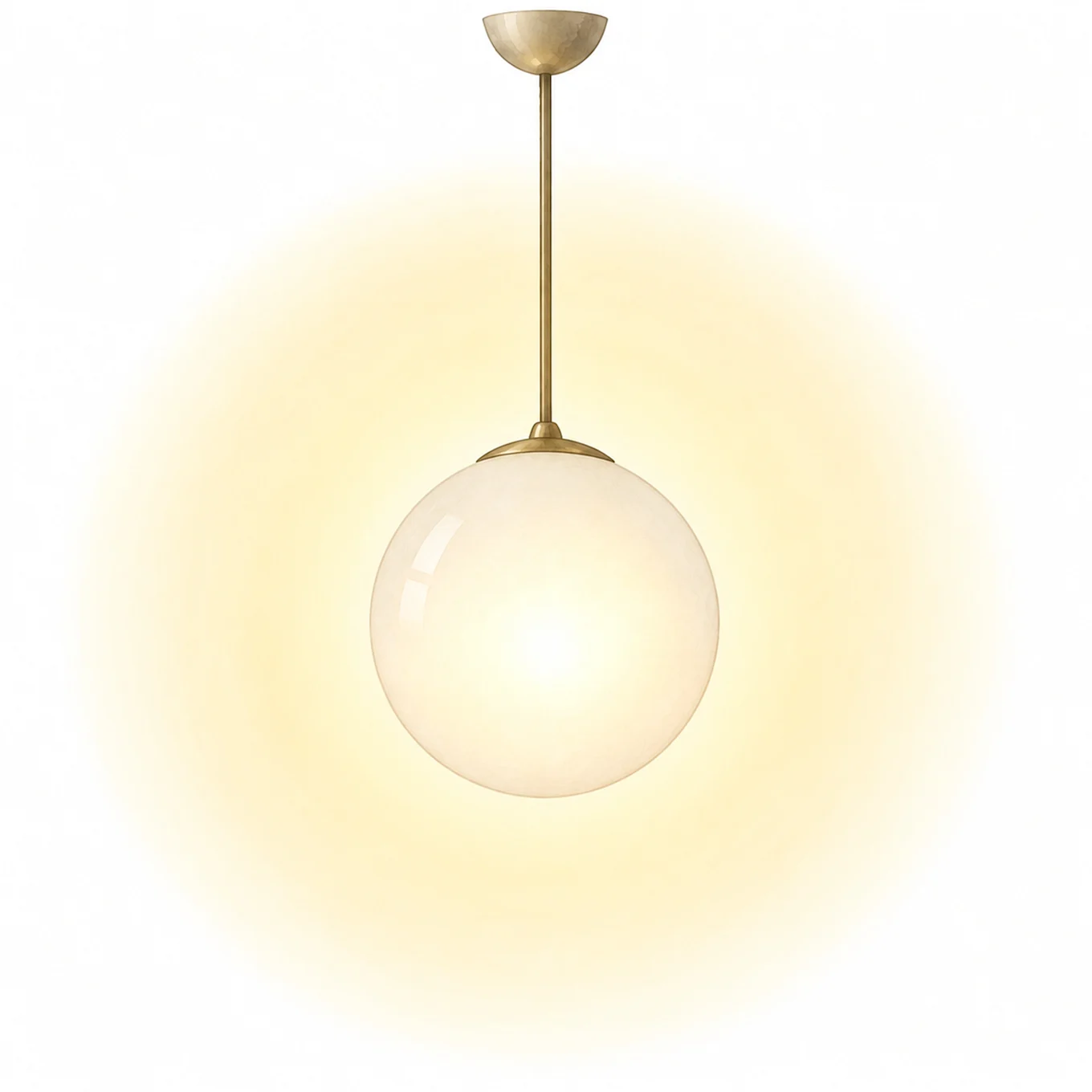 Suspension moderne avec abat-jour sphérique en verre blanc lumineux et tige couleur laiton, diffusant une lumière chaude.