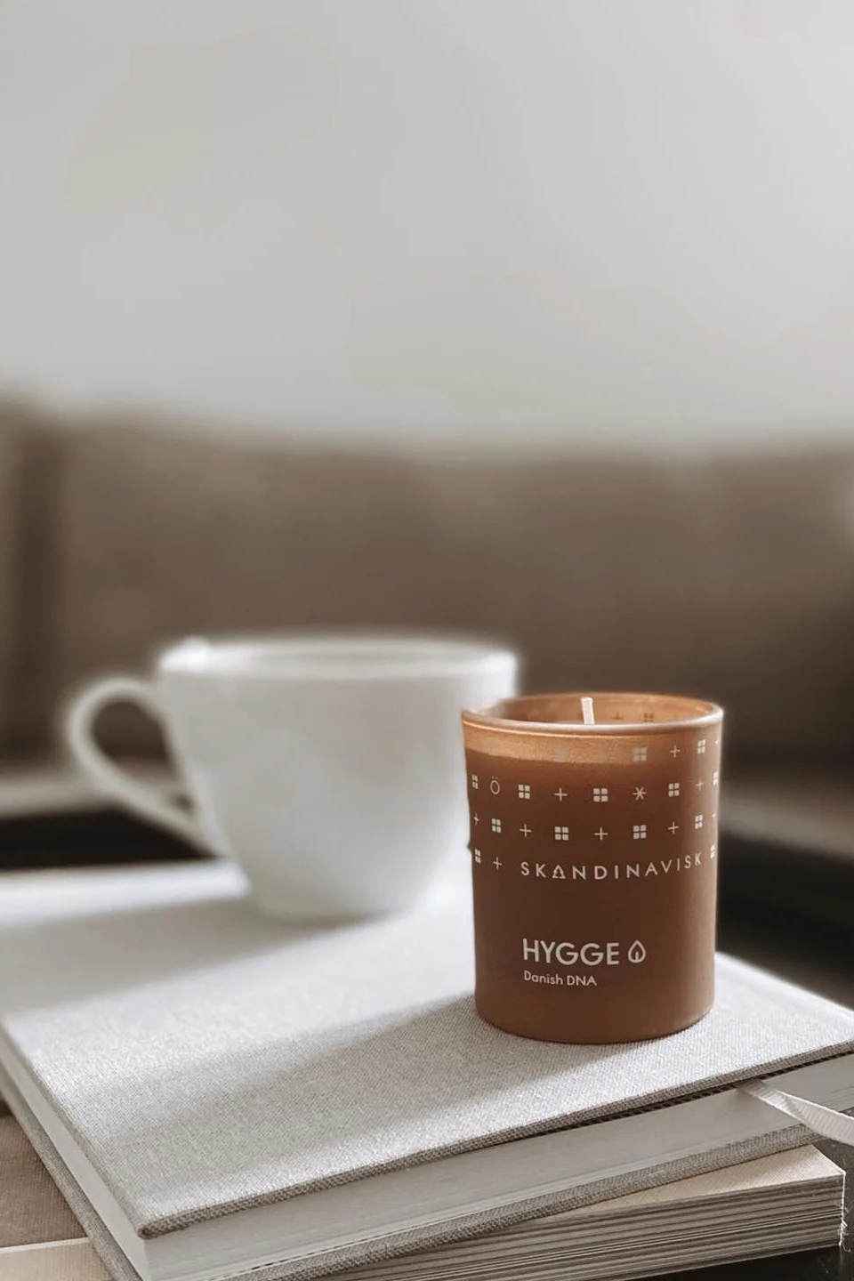 Une bougie parfumée comme la bougie Hygge de Skandinavisk, posée ici sur une pile de livres sur une table basse, est un excellent cadeau de Saint-Valentin pour passer des soirées agréables.