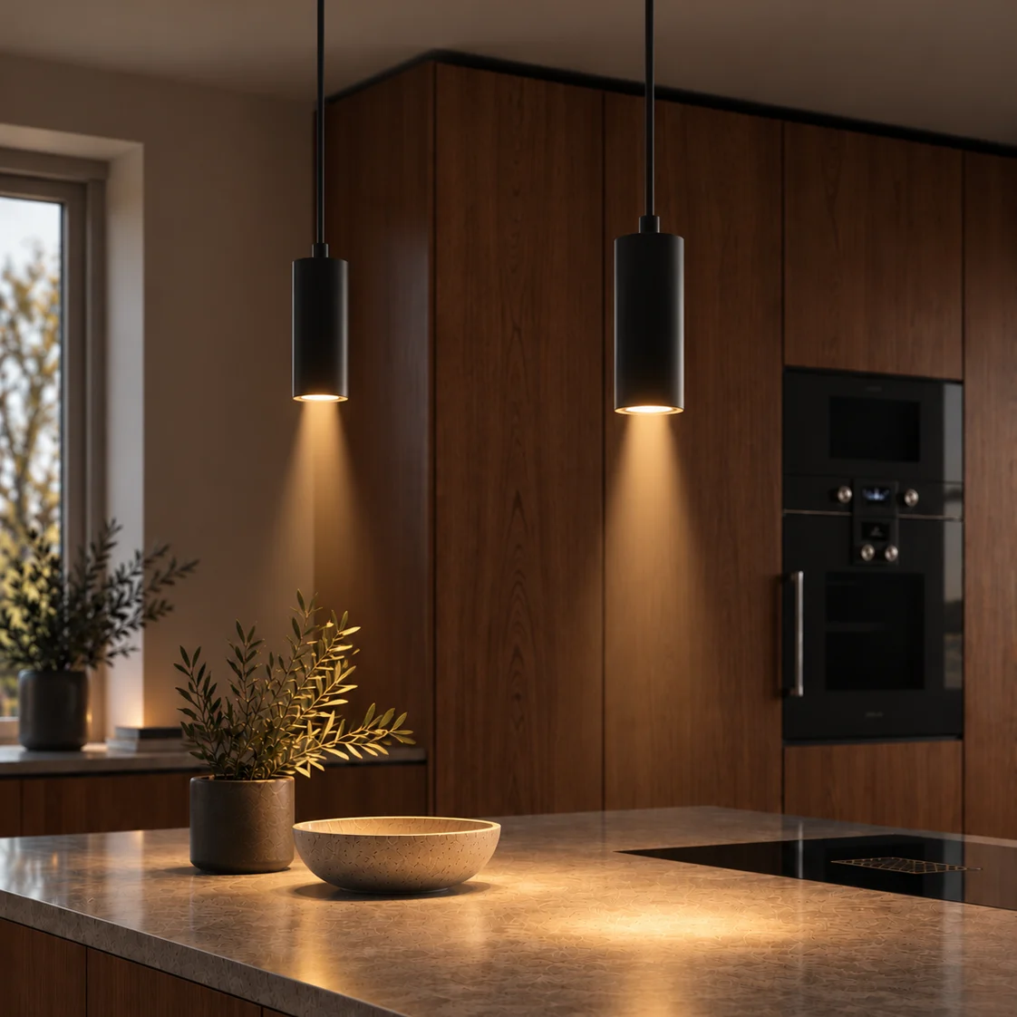 Un luminaire suspendu en métal avec un abat-jour en forme de cloche projette une lumière chaude et circulaire vers le bas.
