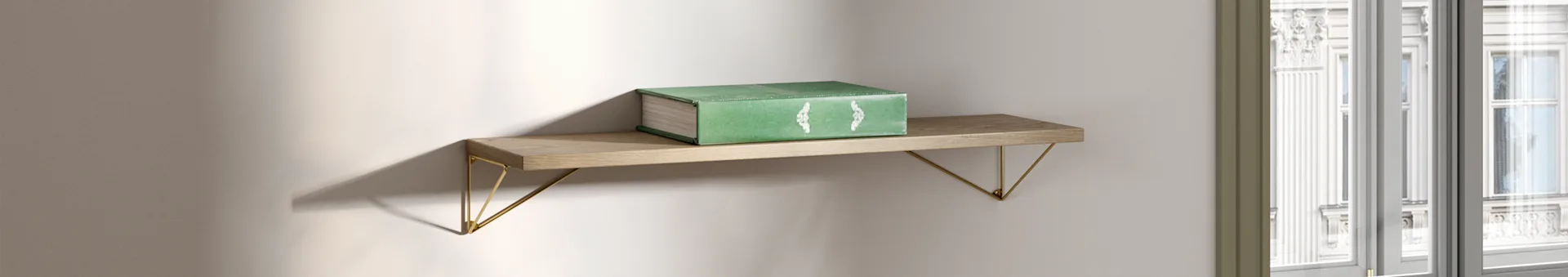 Un livre vert repose sur une étagère en bois avec des supports dorés, éclairé par la lumière naturelle près d'une fenêtre.