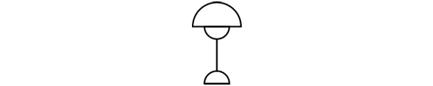 Un simple dessin au trait d'une lampe de table avec un abat-jour en forme de dôme et une base semi-circulaire.