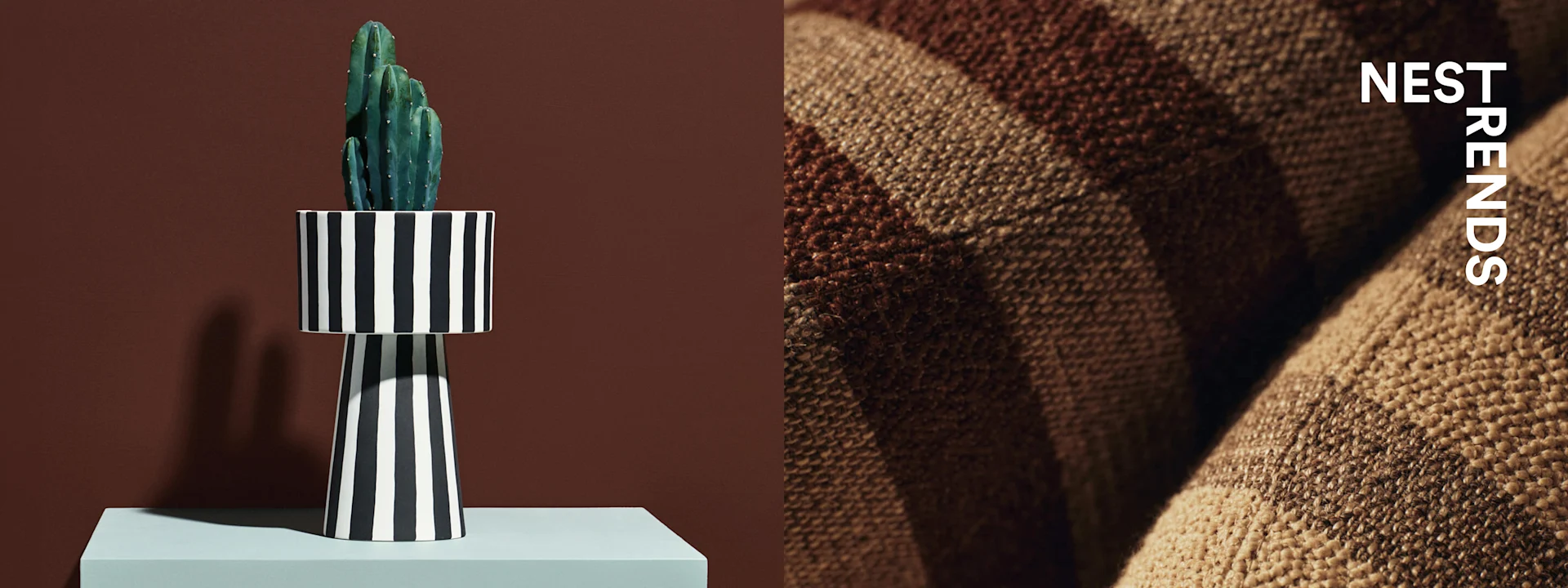 Cactus vert dans vase rayé noir/blanc sur piédestal bleu, à côté de tissu tissé rayé marron/beige. Texte: NEST TRENDS.